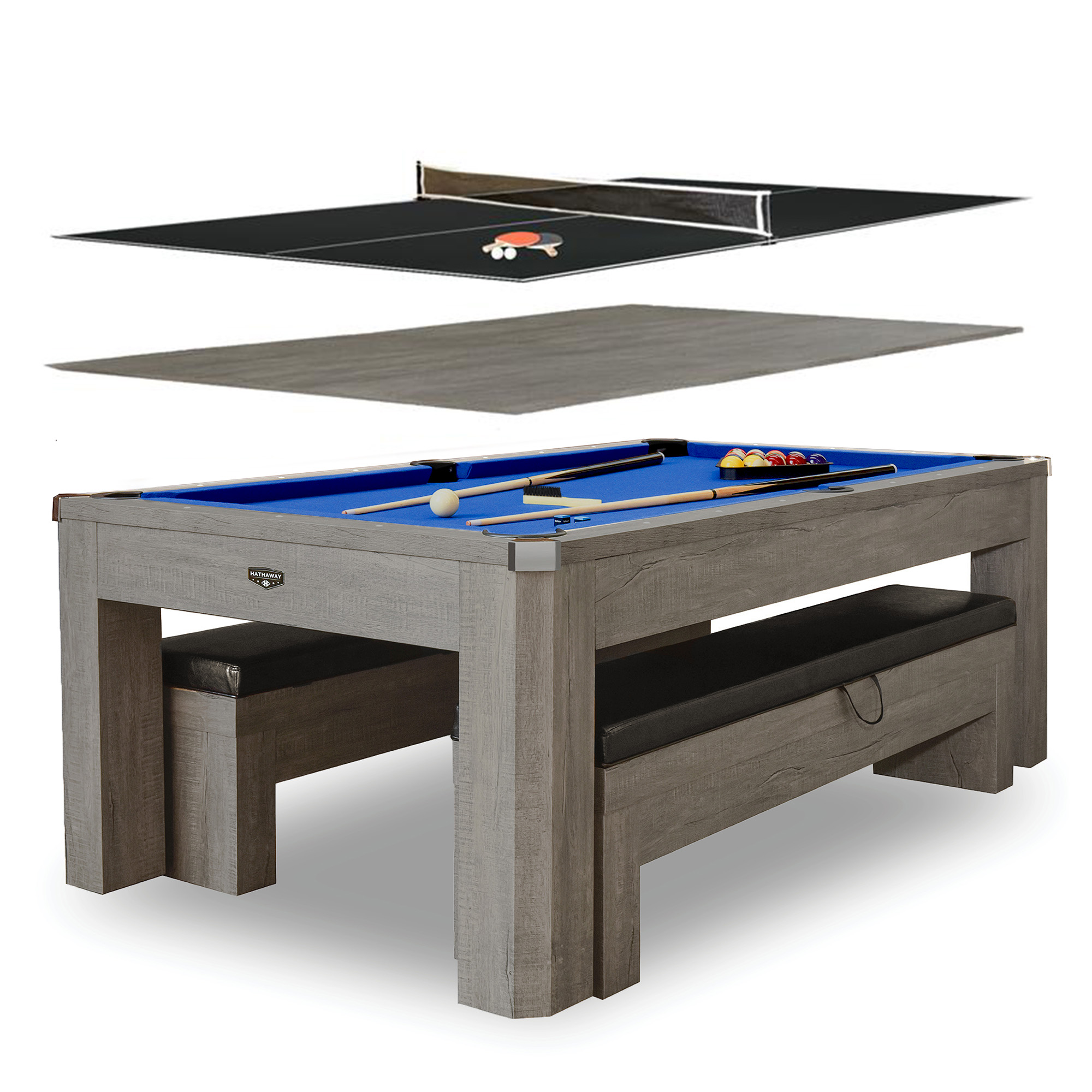 Newport 7-ft Pool Table Combo Set with Benches - Rustic Grey with Blue Felt | BG50374 image 2