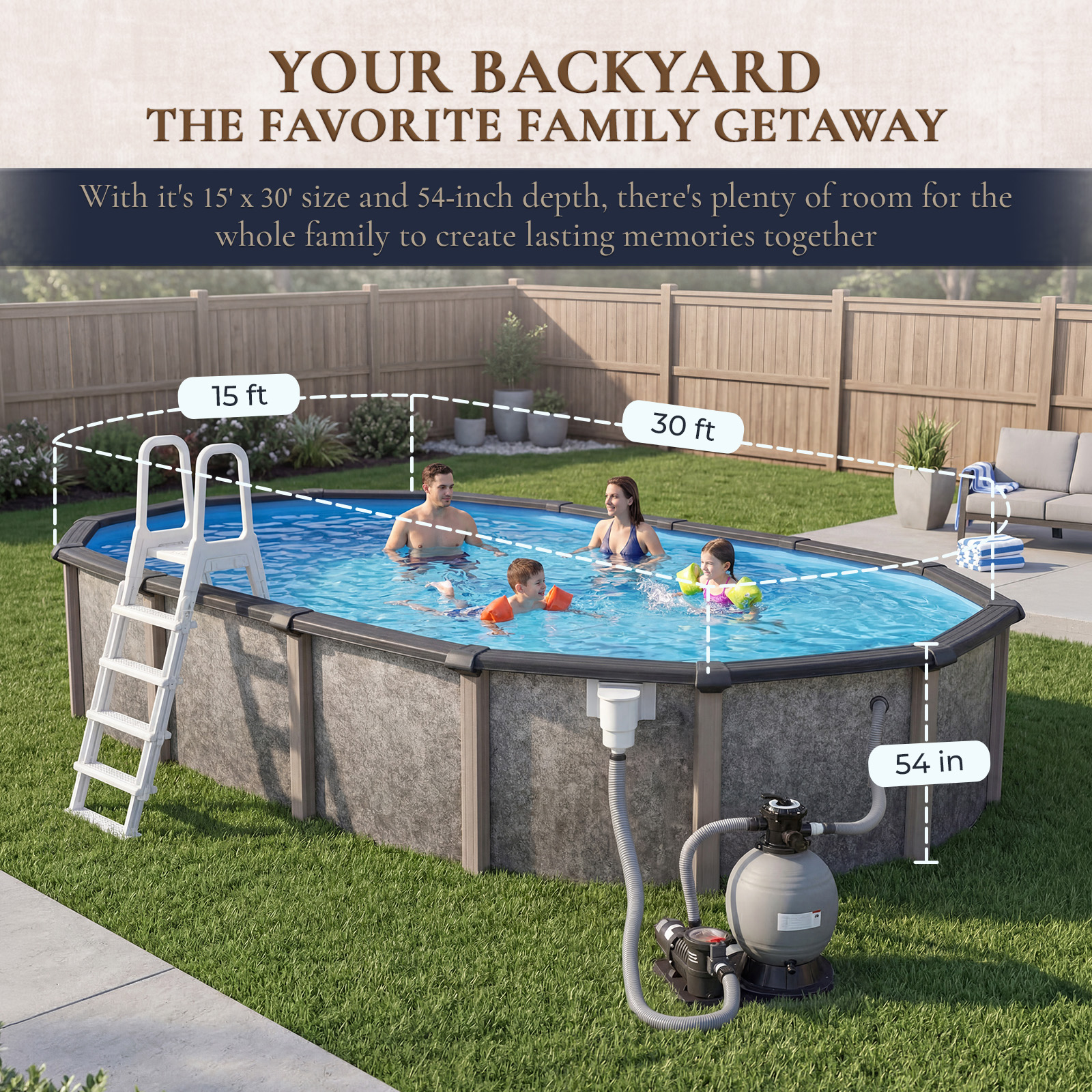 Riviera 15-ft x 30-ft Oval 54-in Deep 8-in Top Rail Metal Wall Swimming Pool Package | NB3624 image 4