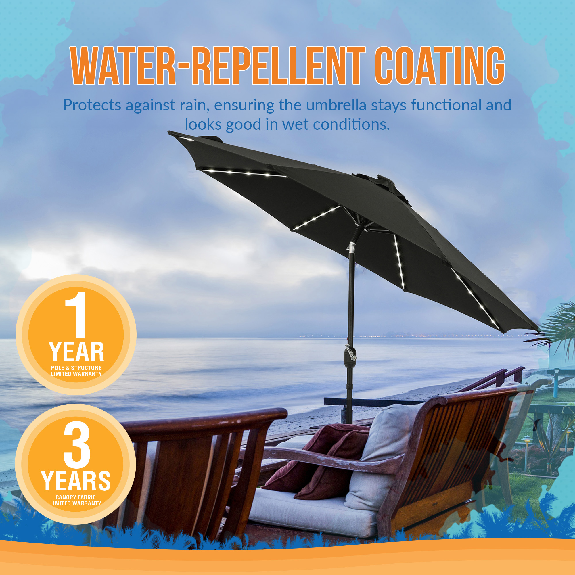 Mirage Fiesta 9-ft Octagon Market Umbrella with Solar LED Tube Lights - Black | NU6847 image 5