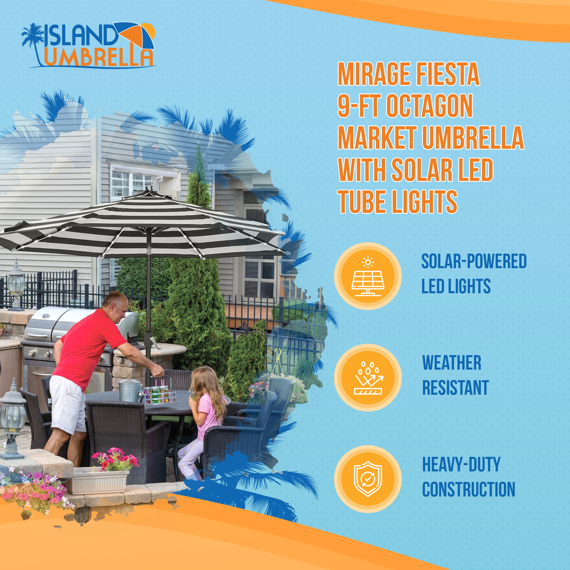 Mirage Fiesta 9-ft Octagon Market Umbrella with Solar LED Tube Lights - Black and Light Gray | NU6849 image 3