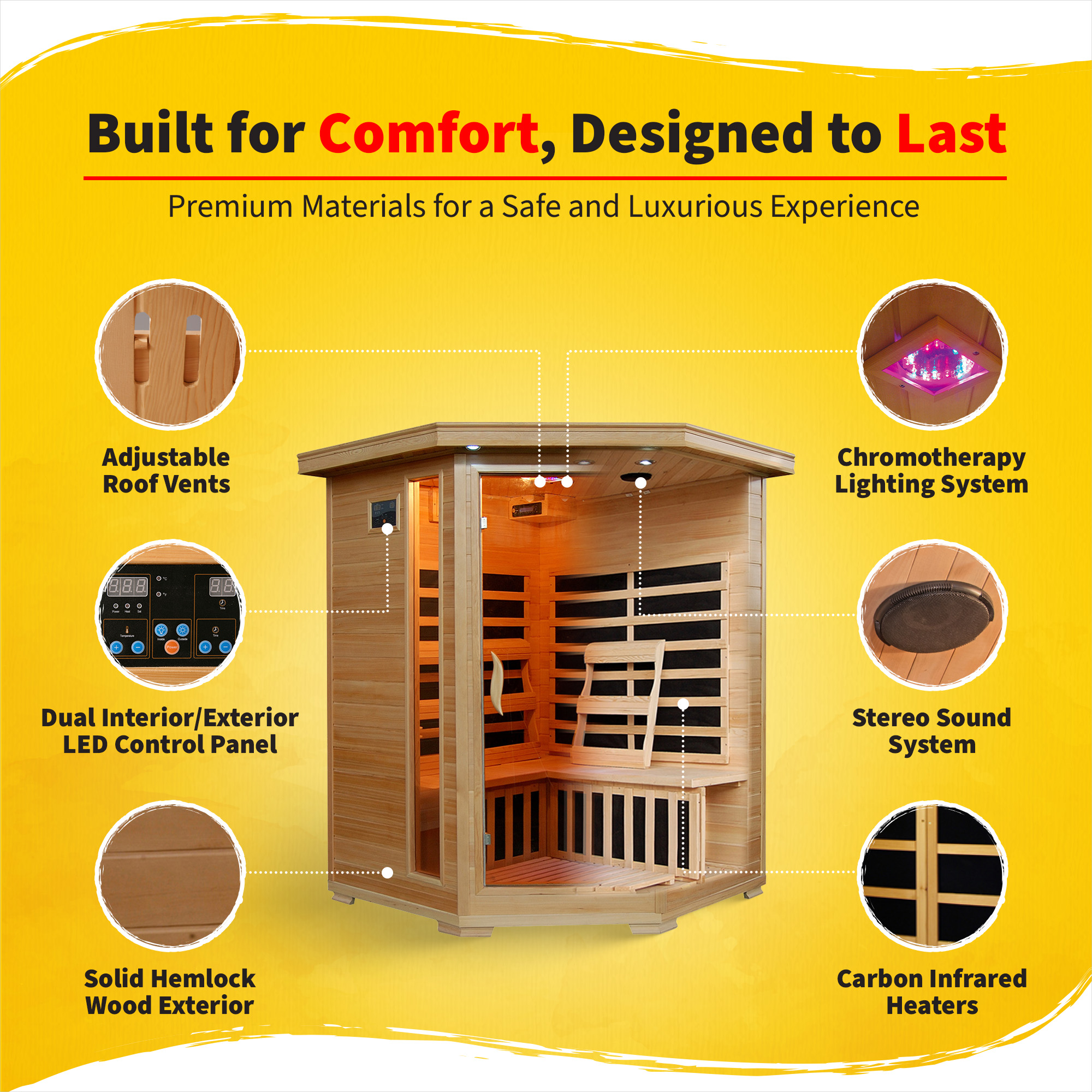 Santa Fe 3-Person Hemlock Corner Infrared Sauna with 7 Carbon Heaters | SA2412DX image 4