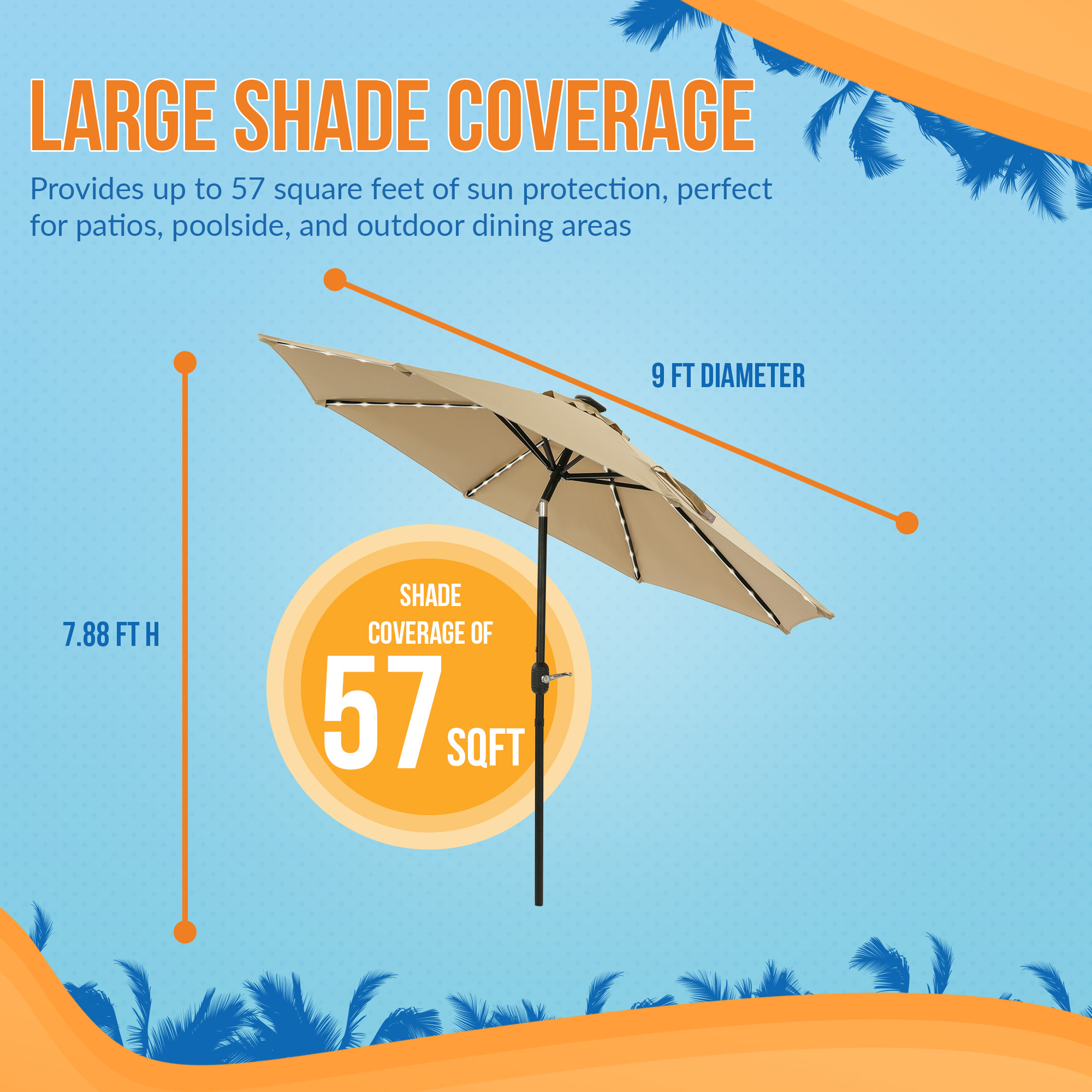 Mirage Fiesta 9-ft Octagon Market Umbrella with Solar LED Tube Lights - Champagne | NU6848 image 5