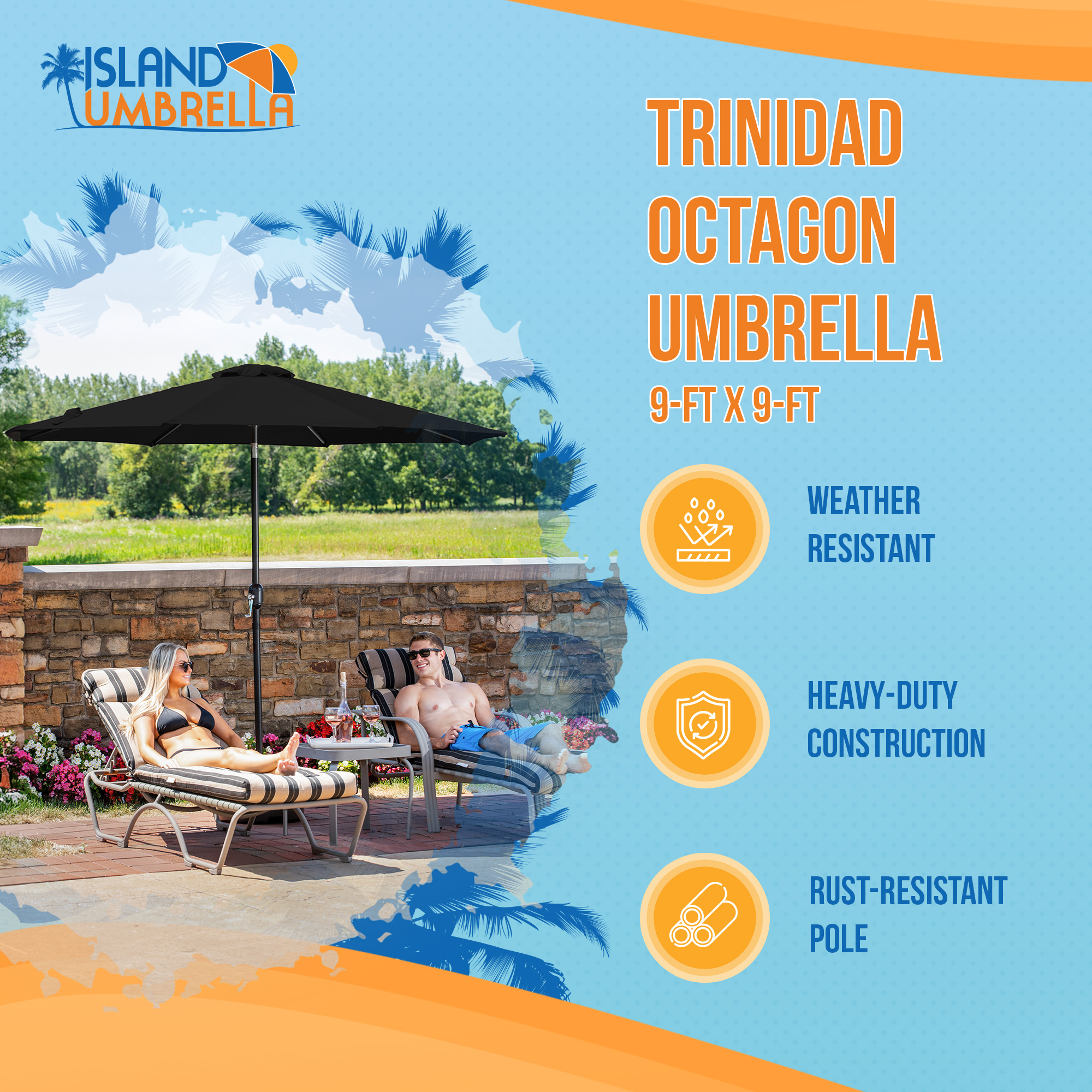 Trinidad 9-ft Octagon Market Umbrella - Black - Polyester Canopy | NU6831 image 3