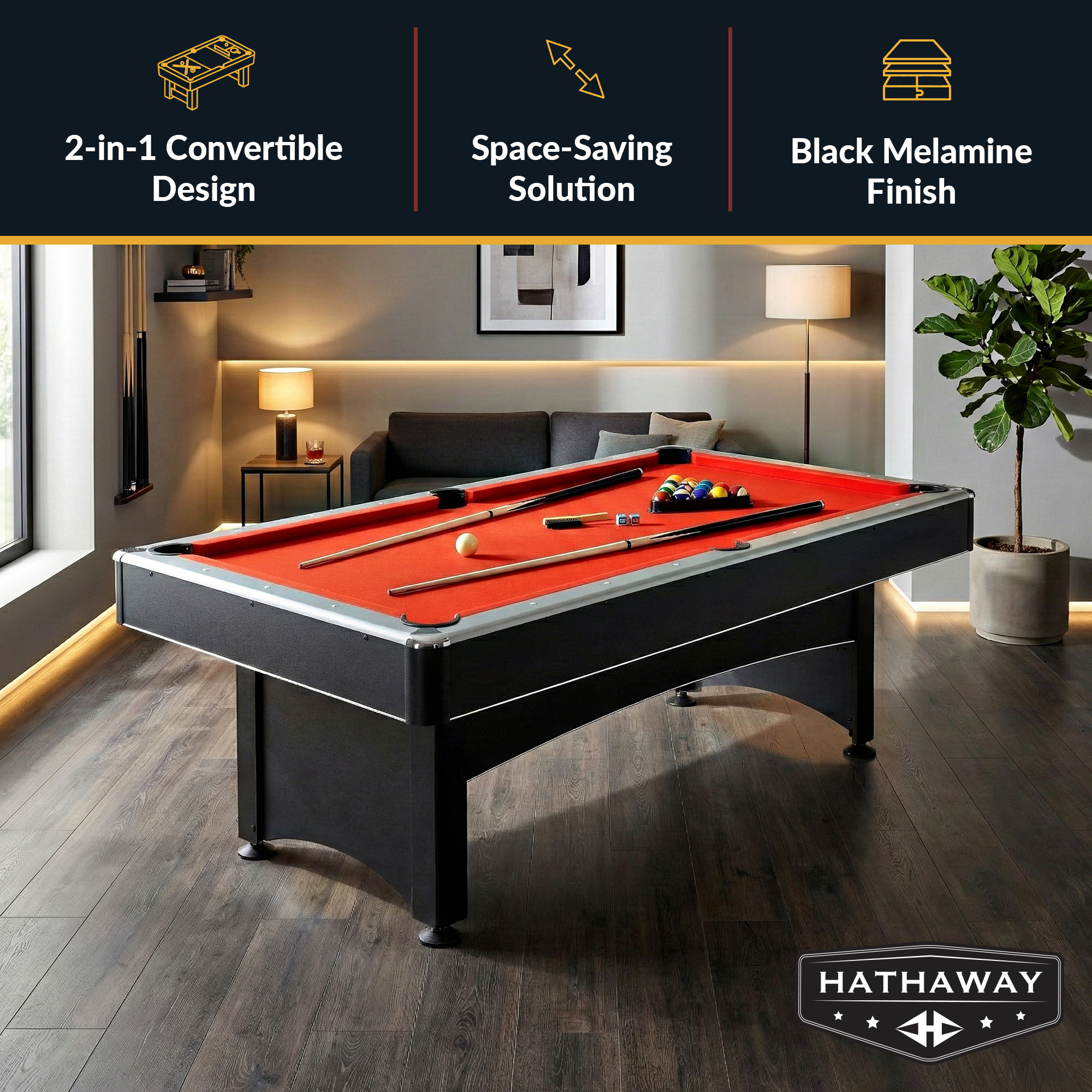 Maverick 7-ft Pool Table with Table Tennis Top - Black with Red Felt | BG1023 image 3