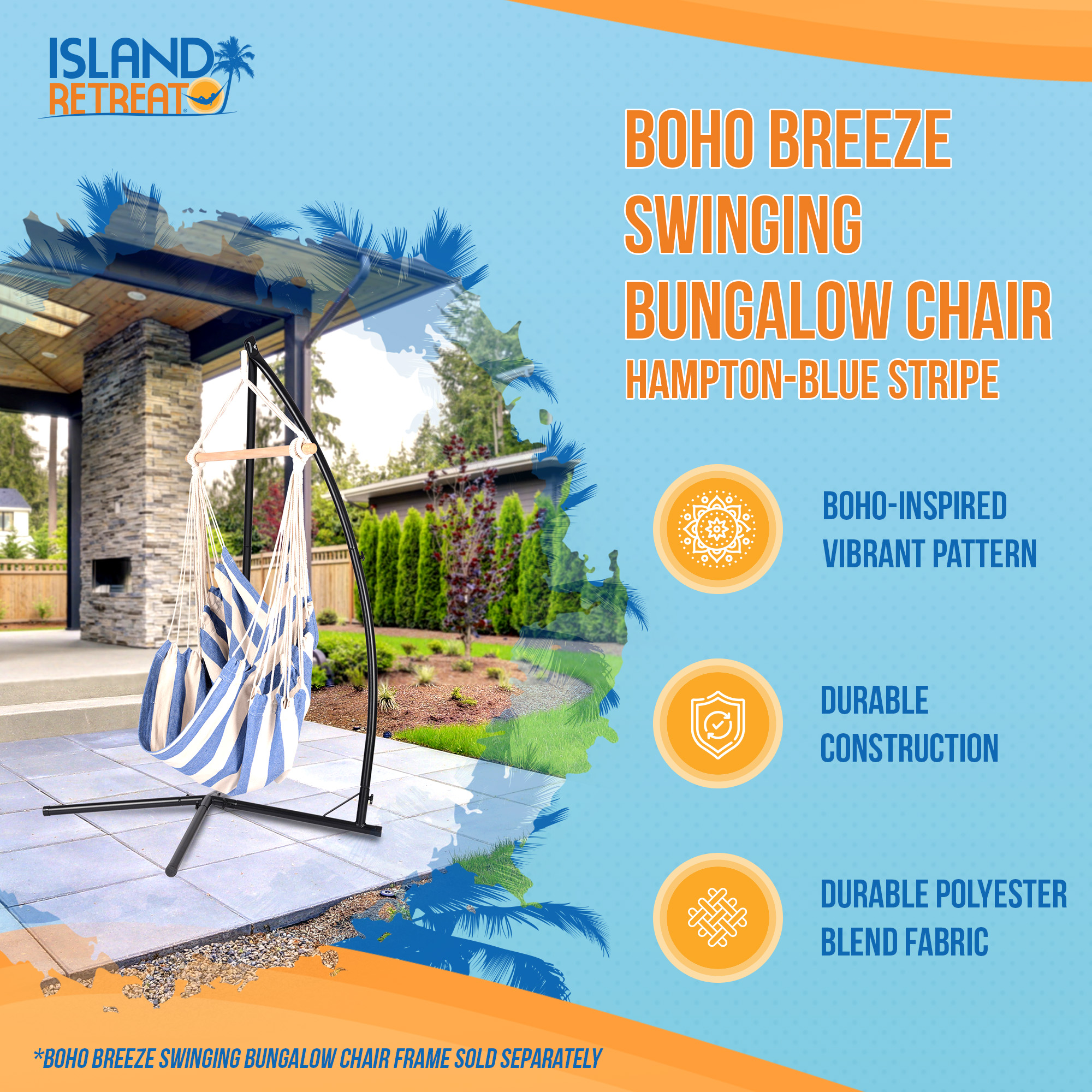 Boho Breeze Swinging Bungalow Chair - Hampton-Blue Stripe | NU6906 image 3