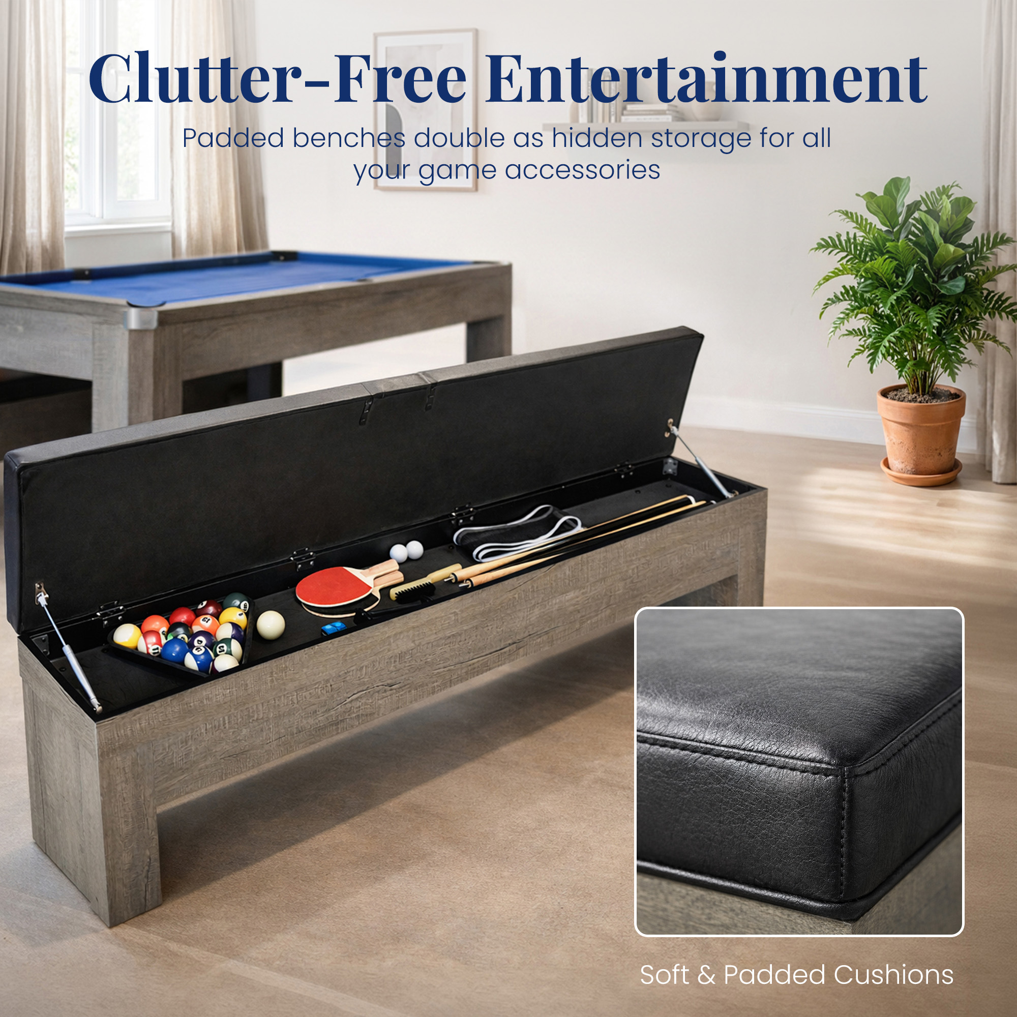 Newport 7-ft Pool Table Combo Set with Benches - Rustic Grey with Blue Felt | BG50374 image 6