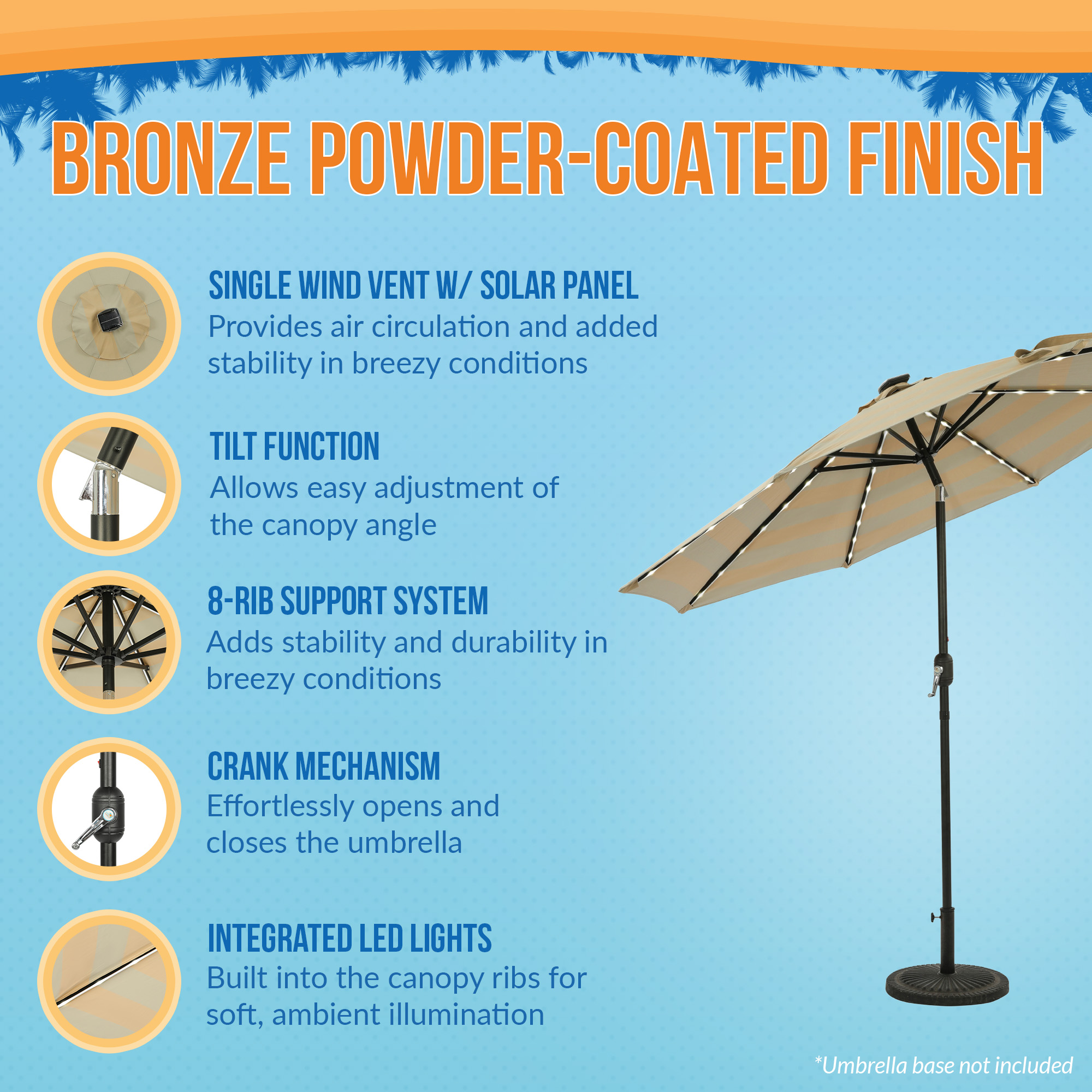 Mirage Fiesta 9-ft Octagon Market Umbrella with Solar LED Tube Lights - Champagne and Taupe | NU6850 image 4