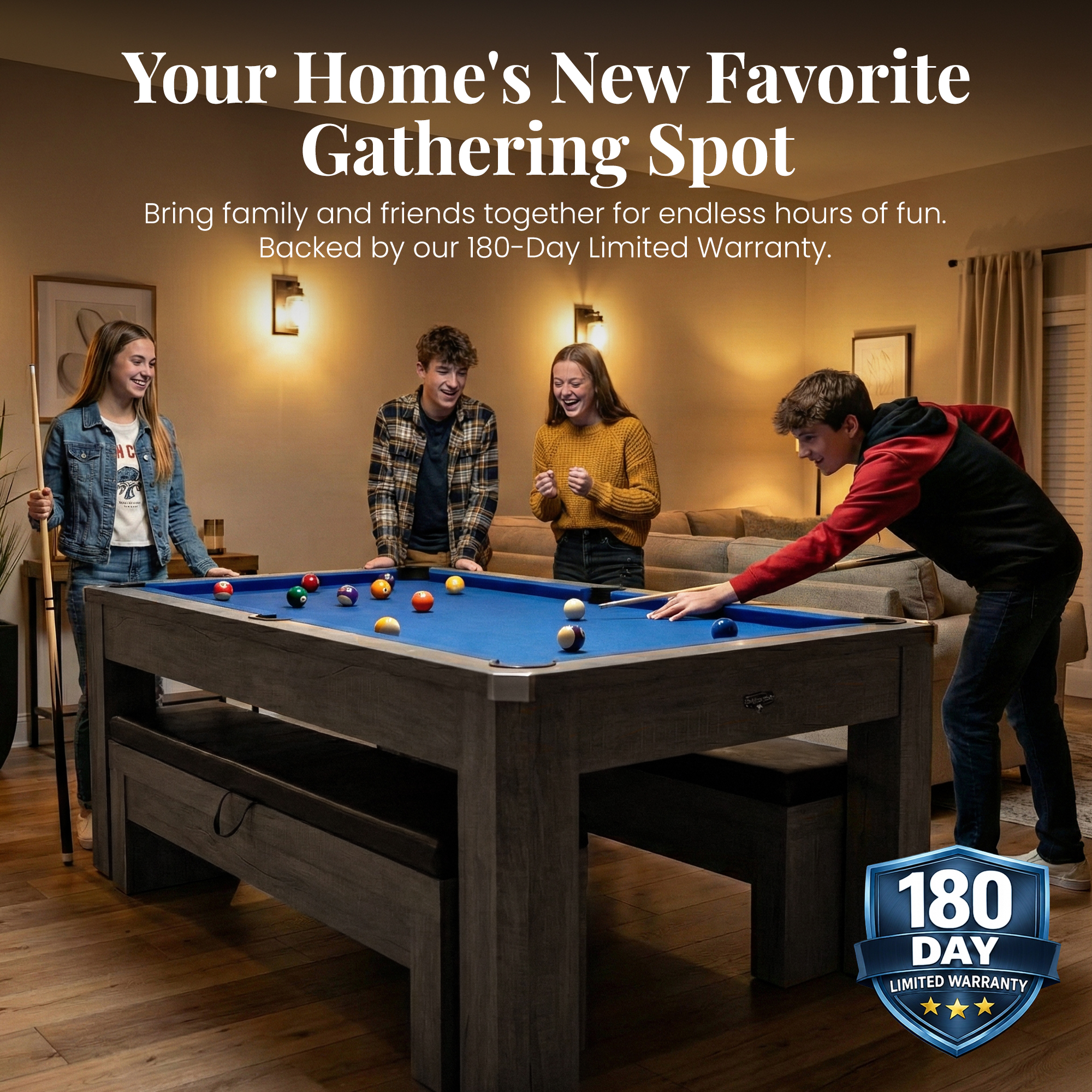 Newport 7-ft Pool Table Combo Set with Benches - Rustic Grey with Blue Felt | BG50374 image 8