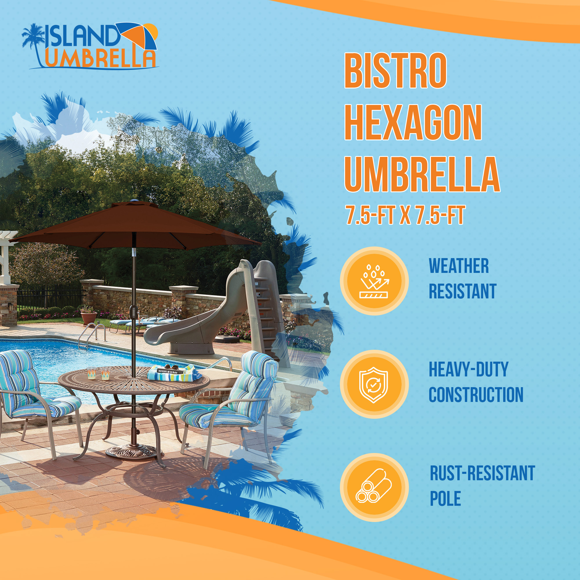 Bistro 7.5-ft Hexagon Market Umbrella - Coffee - Polyester Canopy | NU6829 image 3