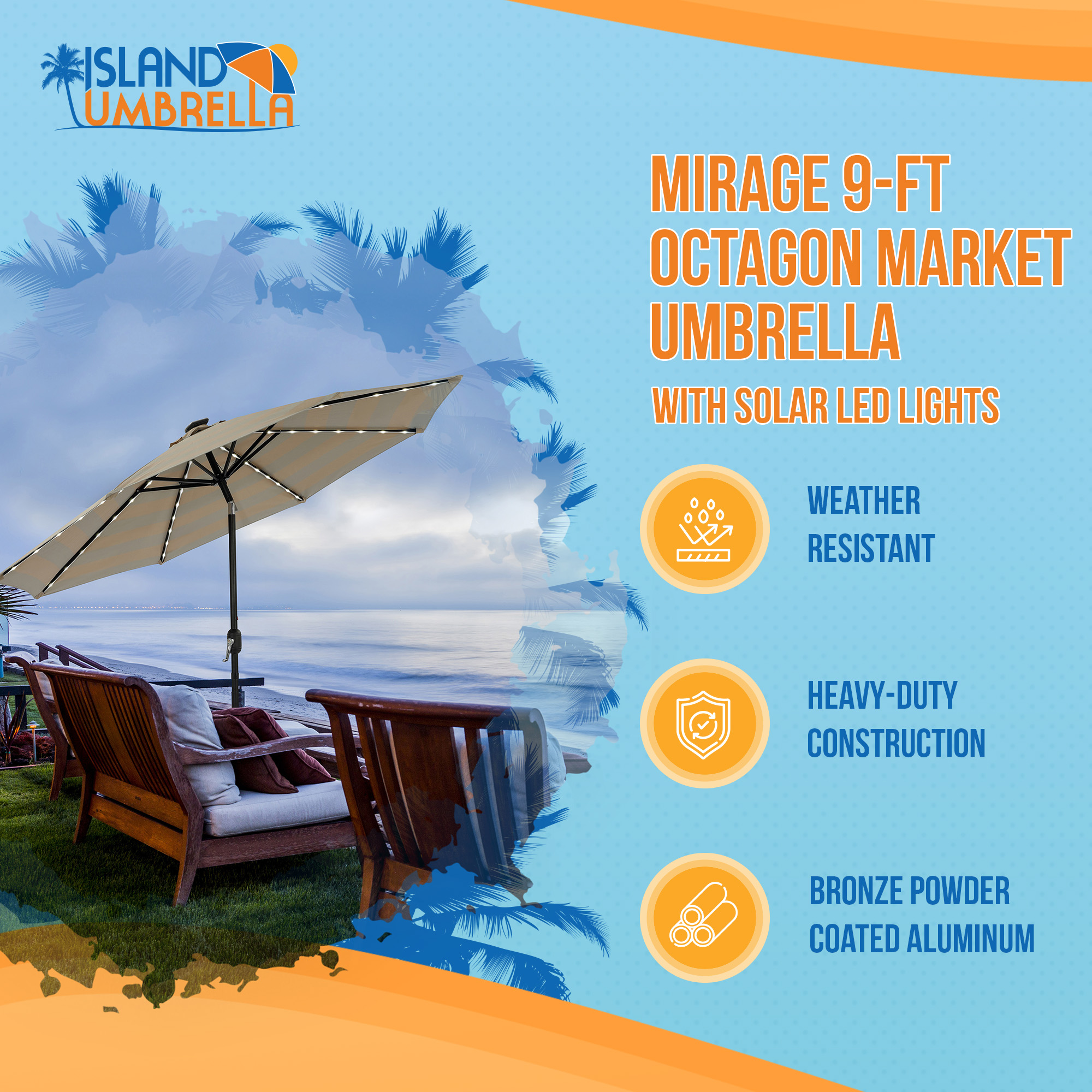 Mirage Fiesta 9-ft Octagon Market Umbrella with Solar LED Tube Lights - Champagne and Taupe | NU6850 image 3