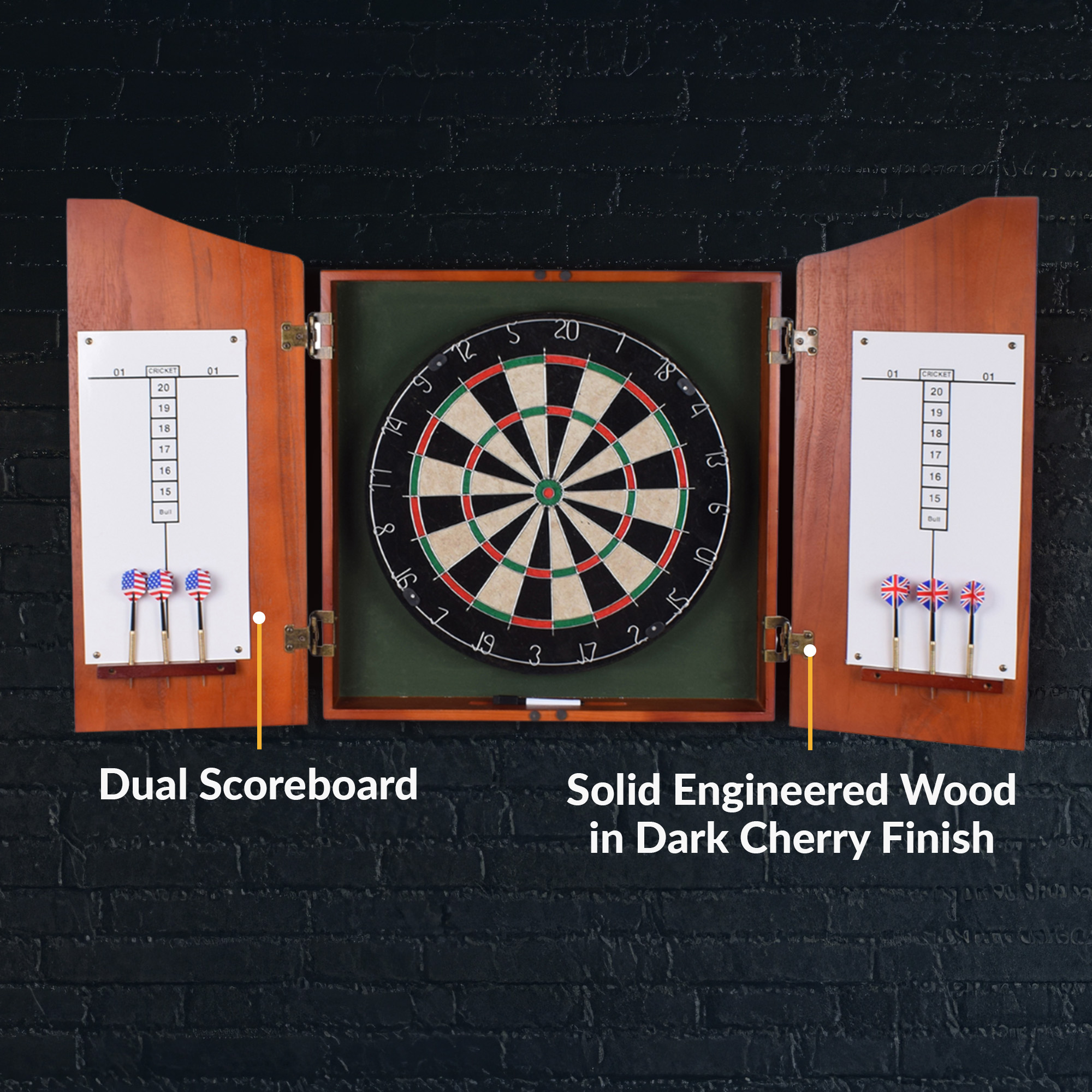 Centerpoint Bristle Dartboard and Solid Wood Cabinet - Dark Cherry Finish | BG1041CH image 8