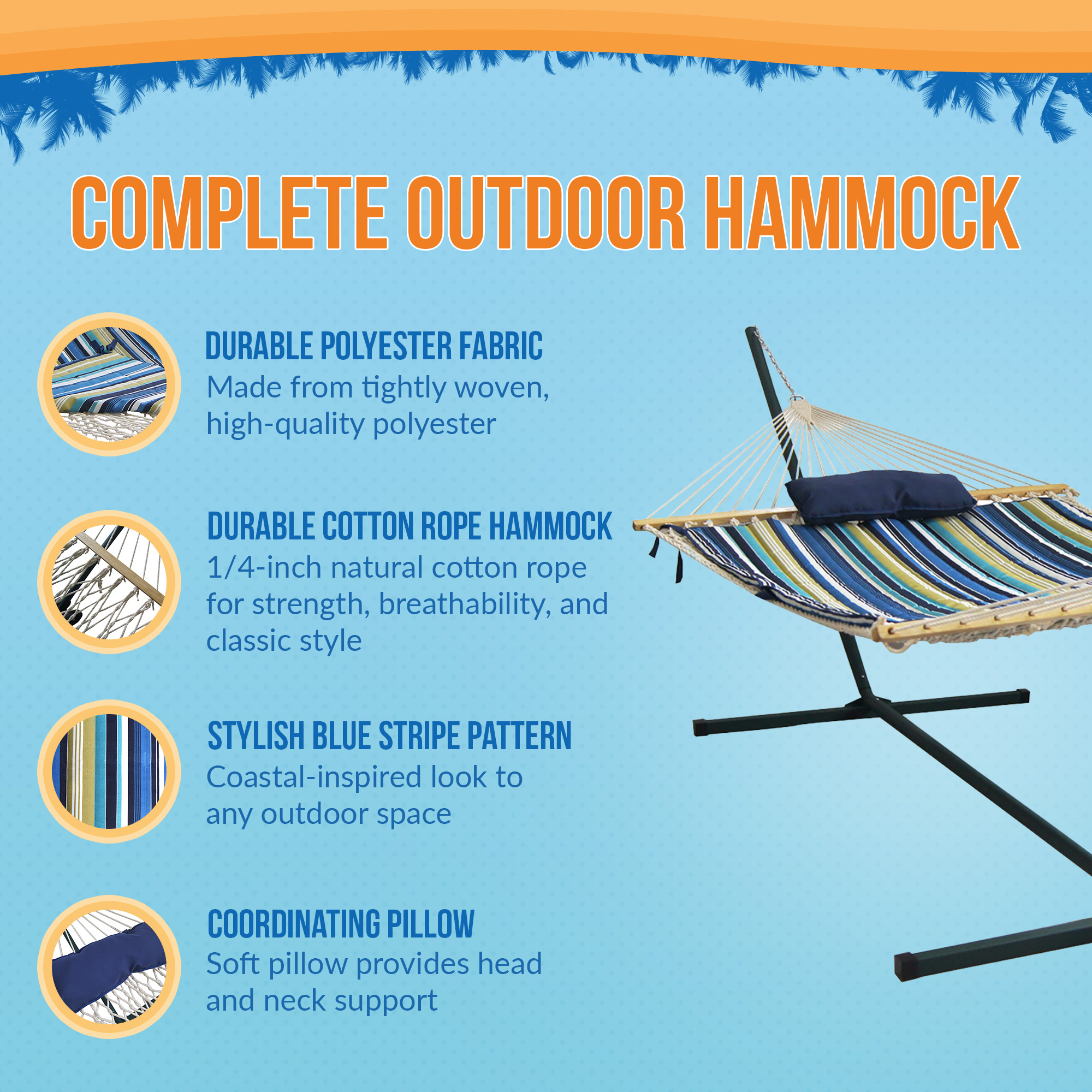 15' Outdoor Leisure Hammock Set - Blue Stripe | NU3110 image 4
