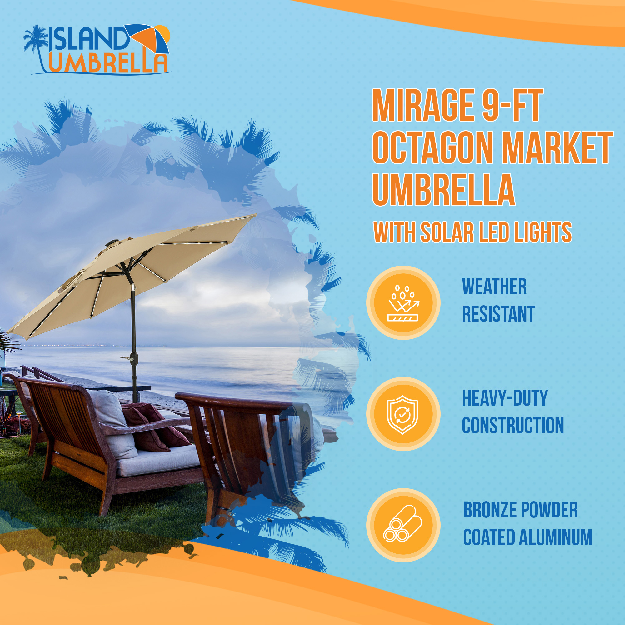Mirage Fiesta 9-ft Octagon Market Umbrella with Solar LED Tube Lights - Champagne | NU6848 image 3