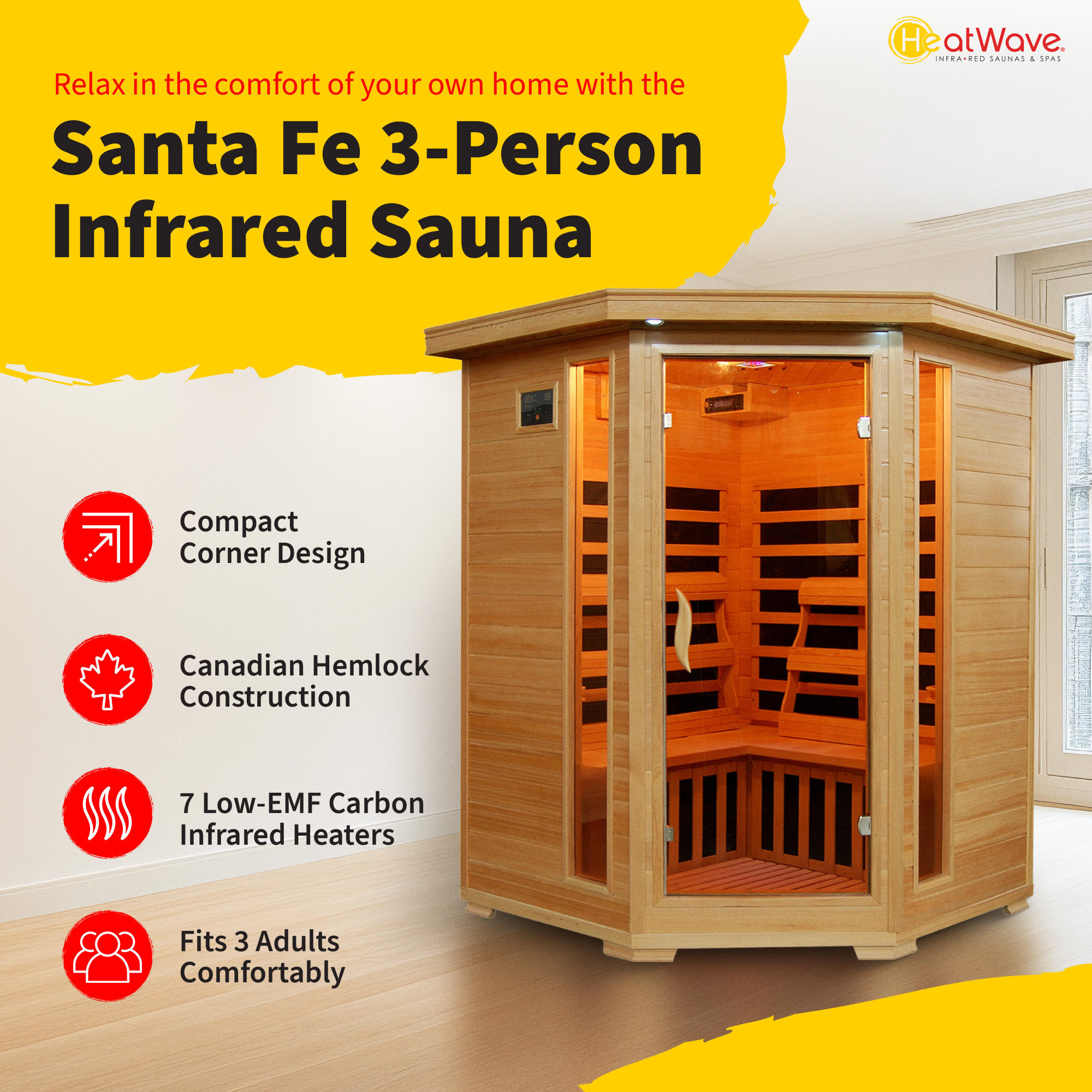 Santa Fe 3-Person Hemlock Corner Infrared Sauna with 7 Carbon Heaters | SA2412DX image 3