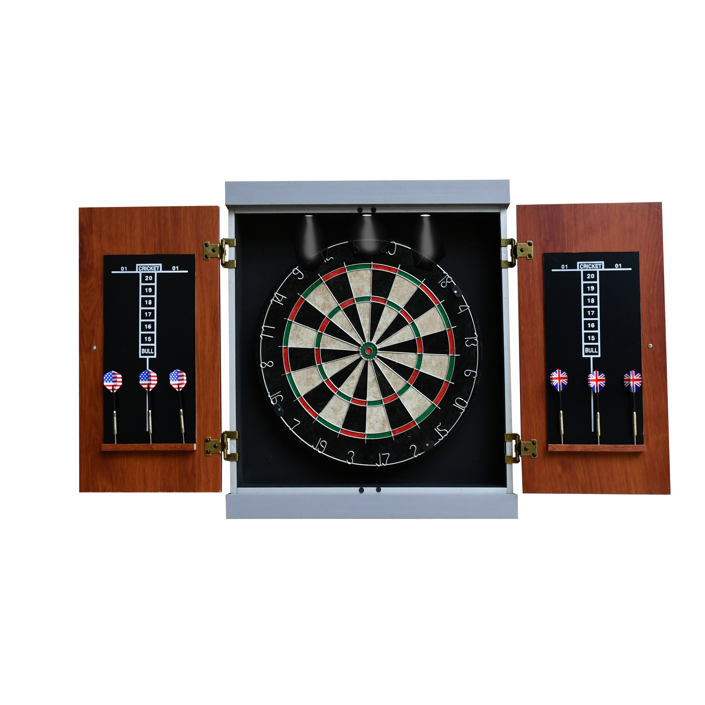 Geneva Bristle Dartboard and Cabinet Set with LED Lighting - Walnut Finish | BG50394 - product image