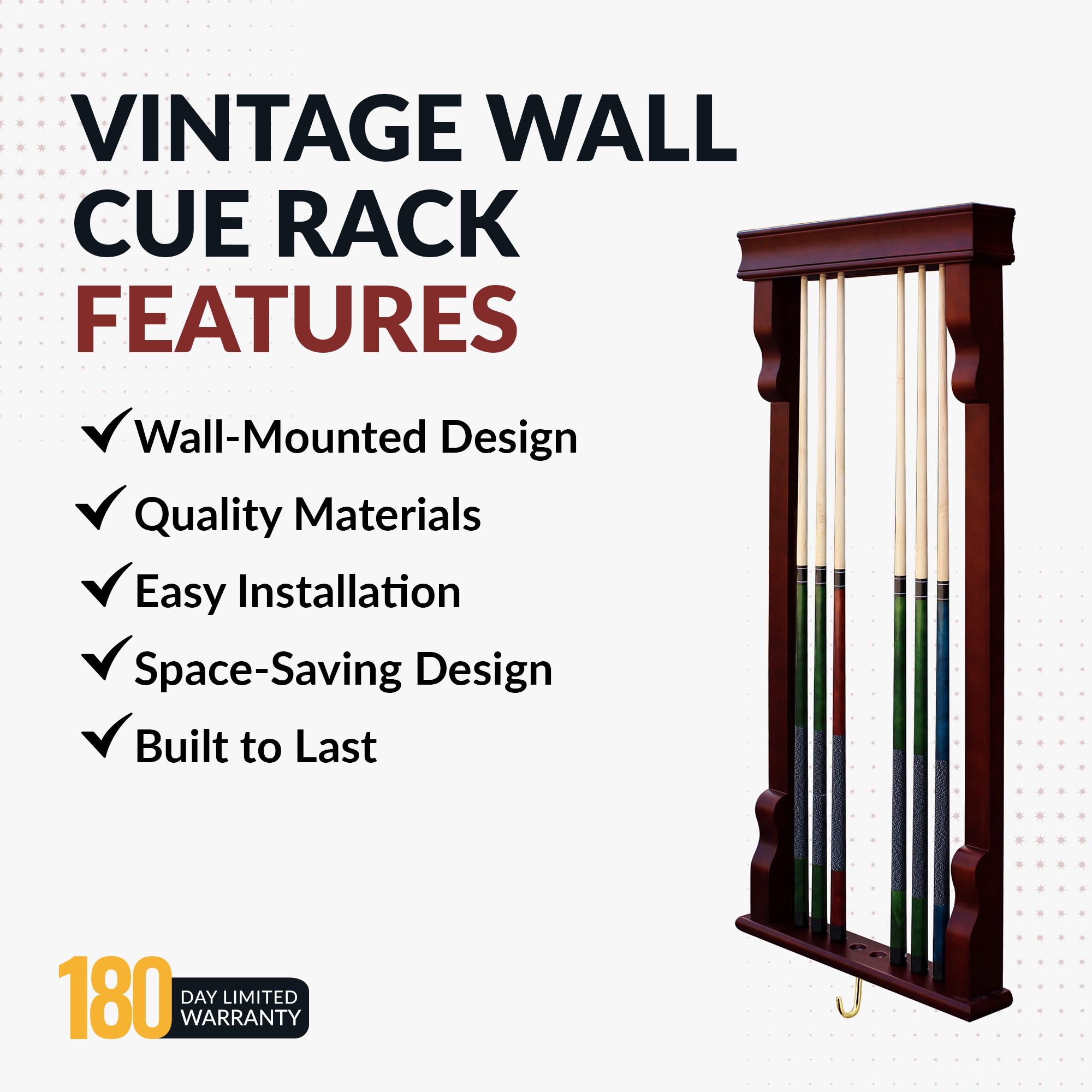 Vintage Wall Billiard Cue Rack - Mahogany Finish | BG2571M image 4