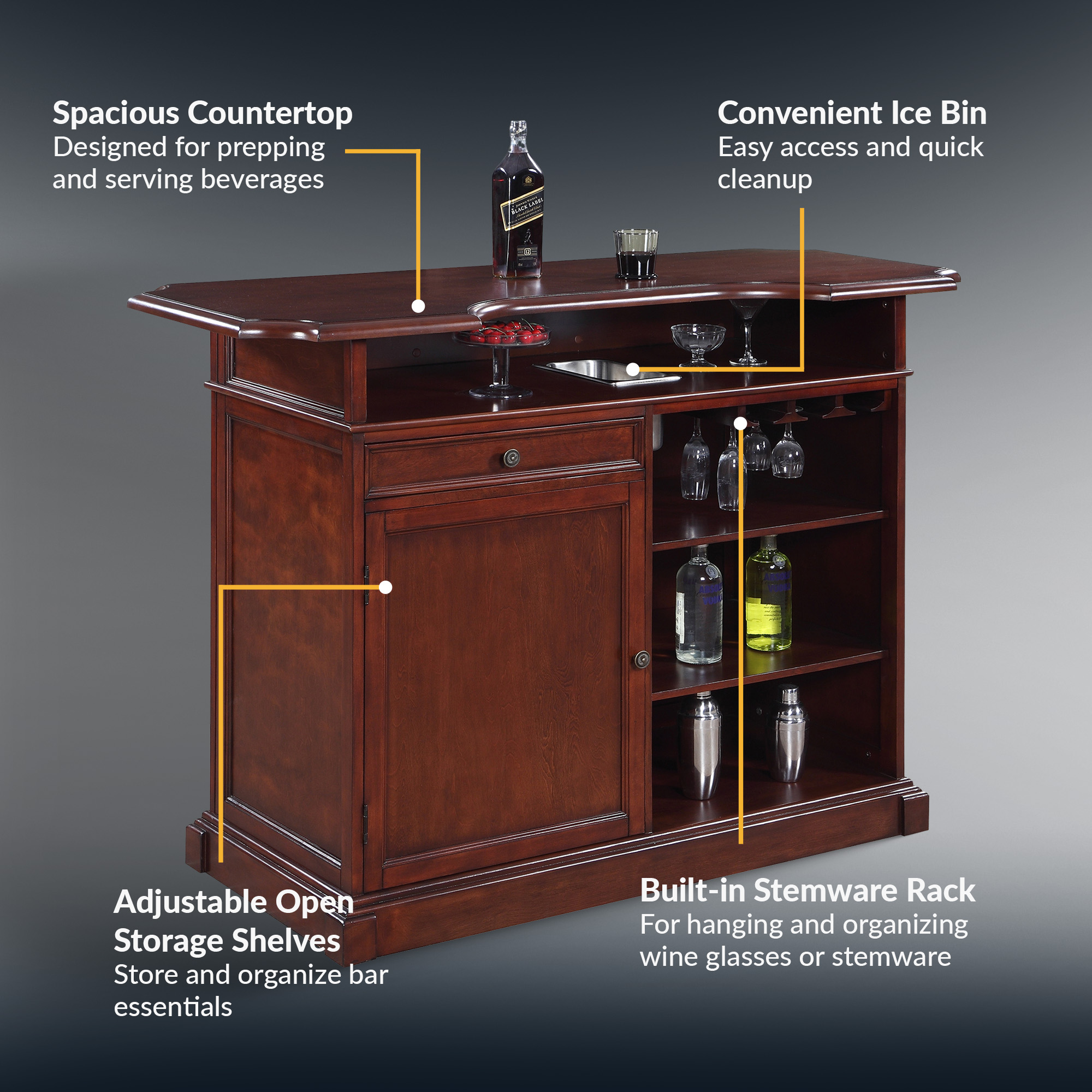 Ridgeline 60-in Hardwood Home Bar with Storage - Mahogany Finish | BG2728 image 4