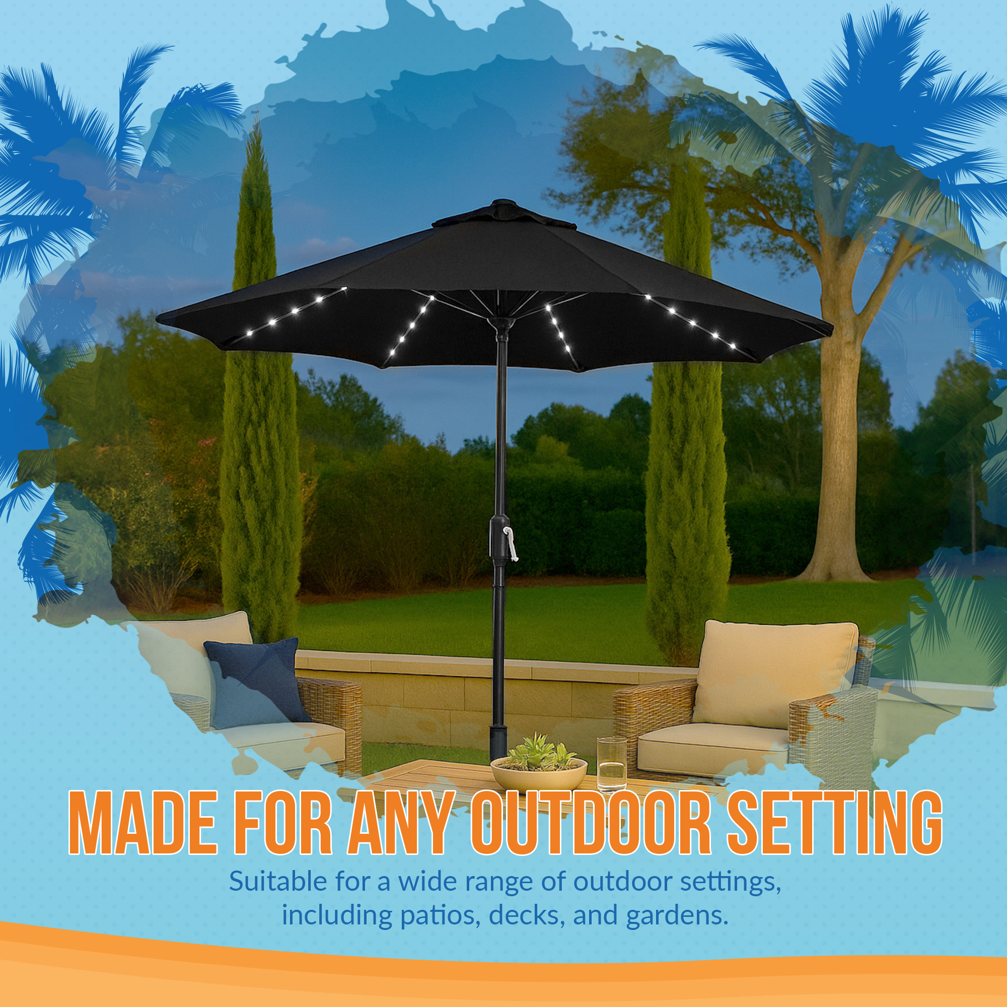 Mirage Fiesta 9-ft Octagon Market Umbrella with Solar LED Tube Lights - Black | NU6847 image 7