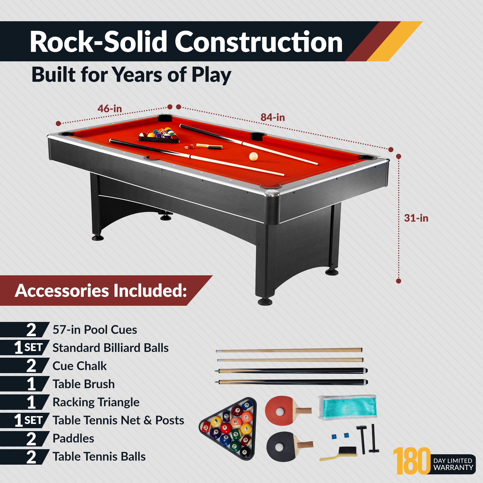 Maverick 7-ft Pool Table with Table Tennis Top - Black with Red Felt | BG1023 image 4