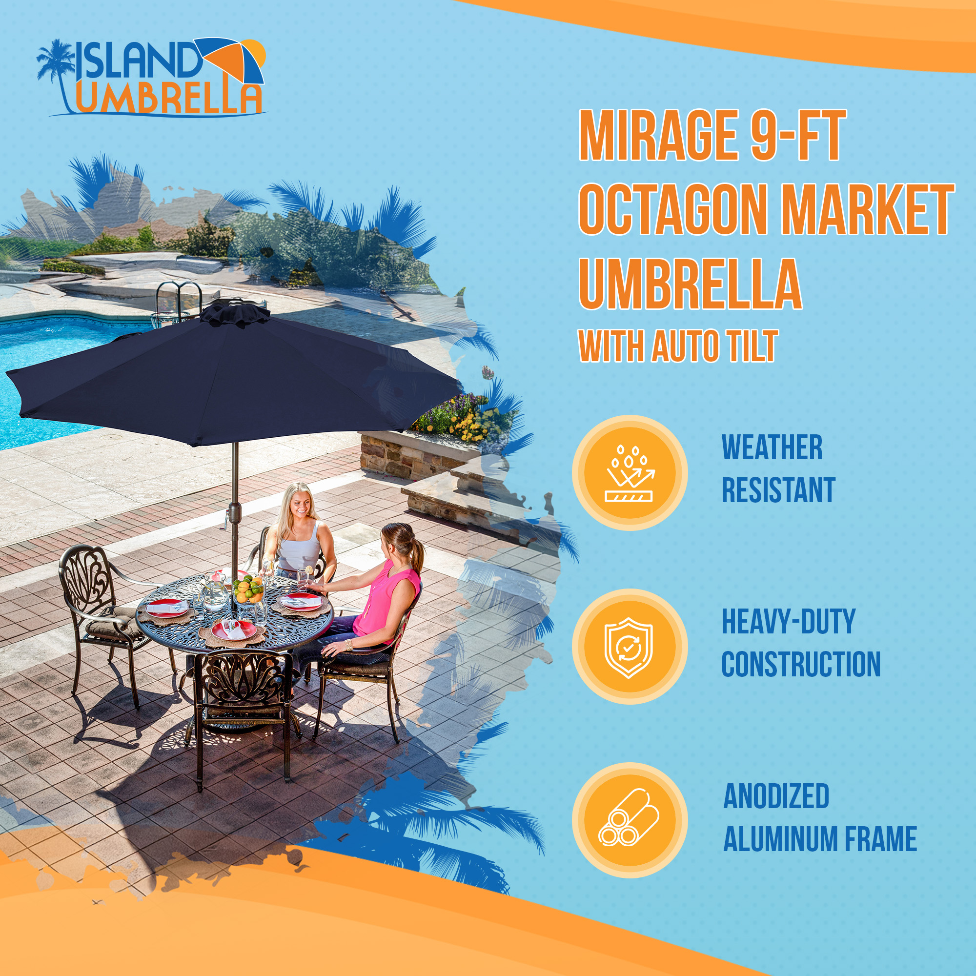 Mirage 9-ft Octagon Market Umbrella with Auto-Tilt - Navy Blue - Breez-Tex Canopy | NU6845 image 3