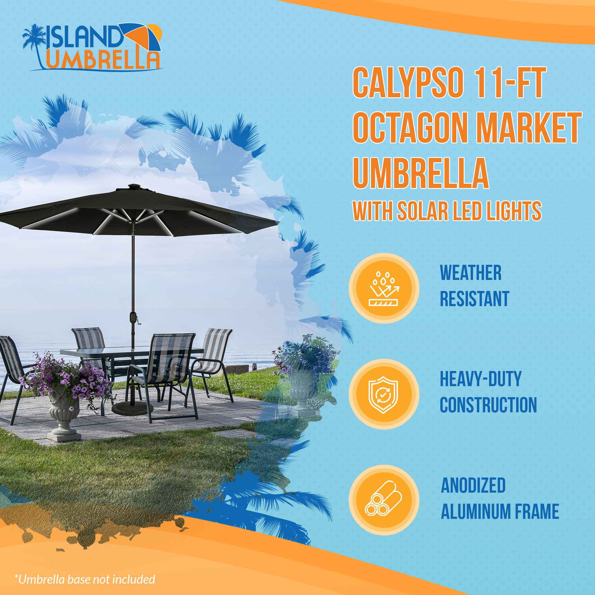 Calypso 11-ft Octagon Market Umbrella with Solar LED Lights - Black - Breez-Tex Canopy | NU6854 image 3