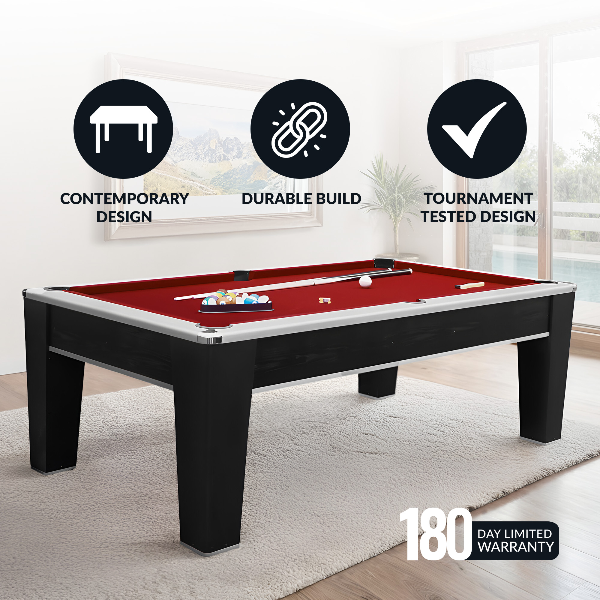 Mirage 90-in Pool Table - Black and Silver with Dark Red Felt | BG5033 image 4