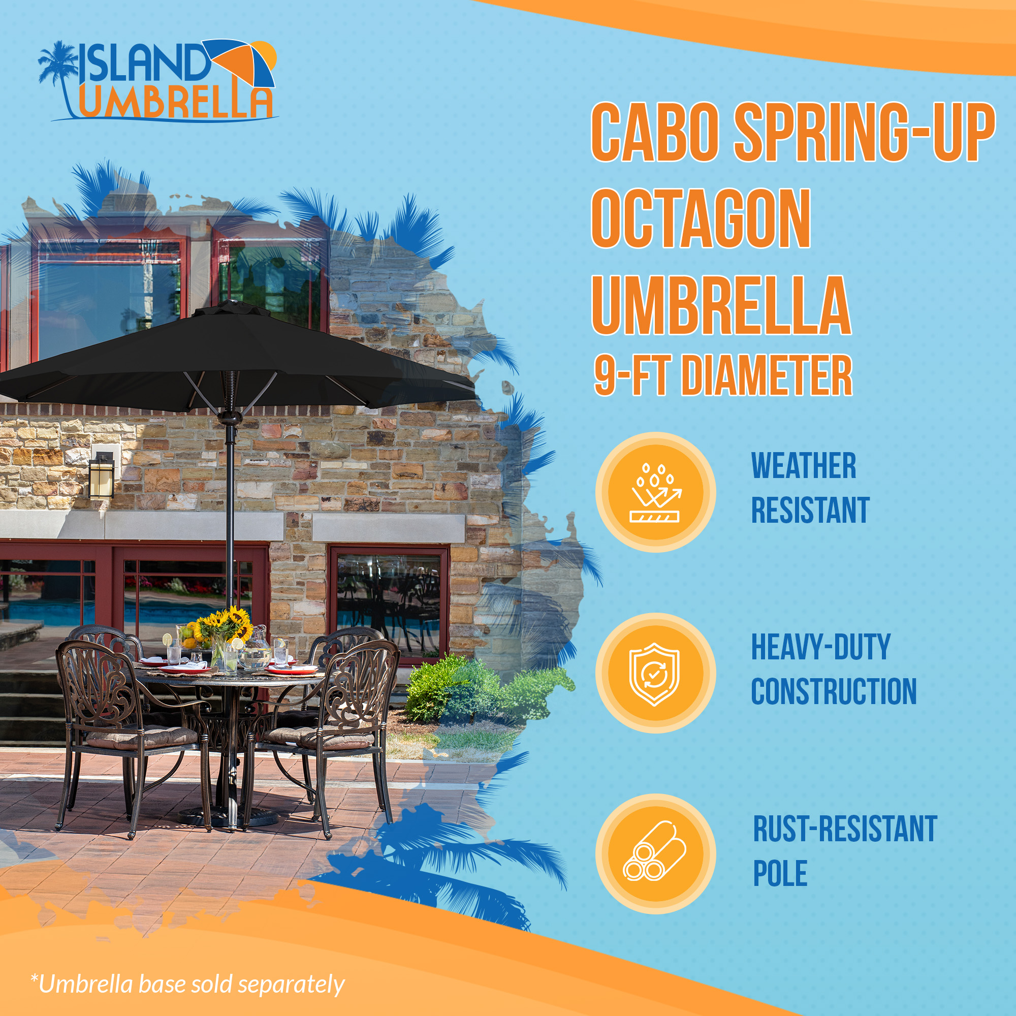 Cabo 9-ft Spring-Up Octagon Market Umbrella - Black - Breez-Tex Canopy | NU6839 image 3