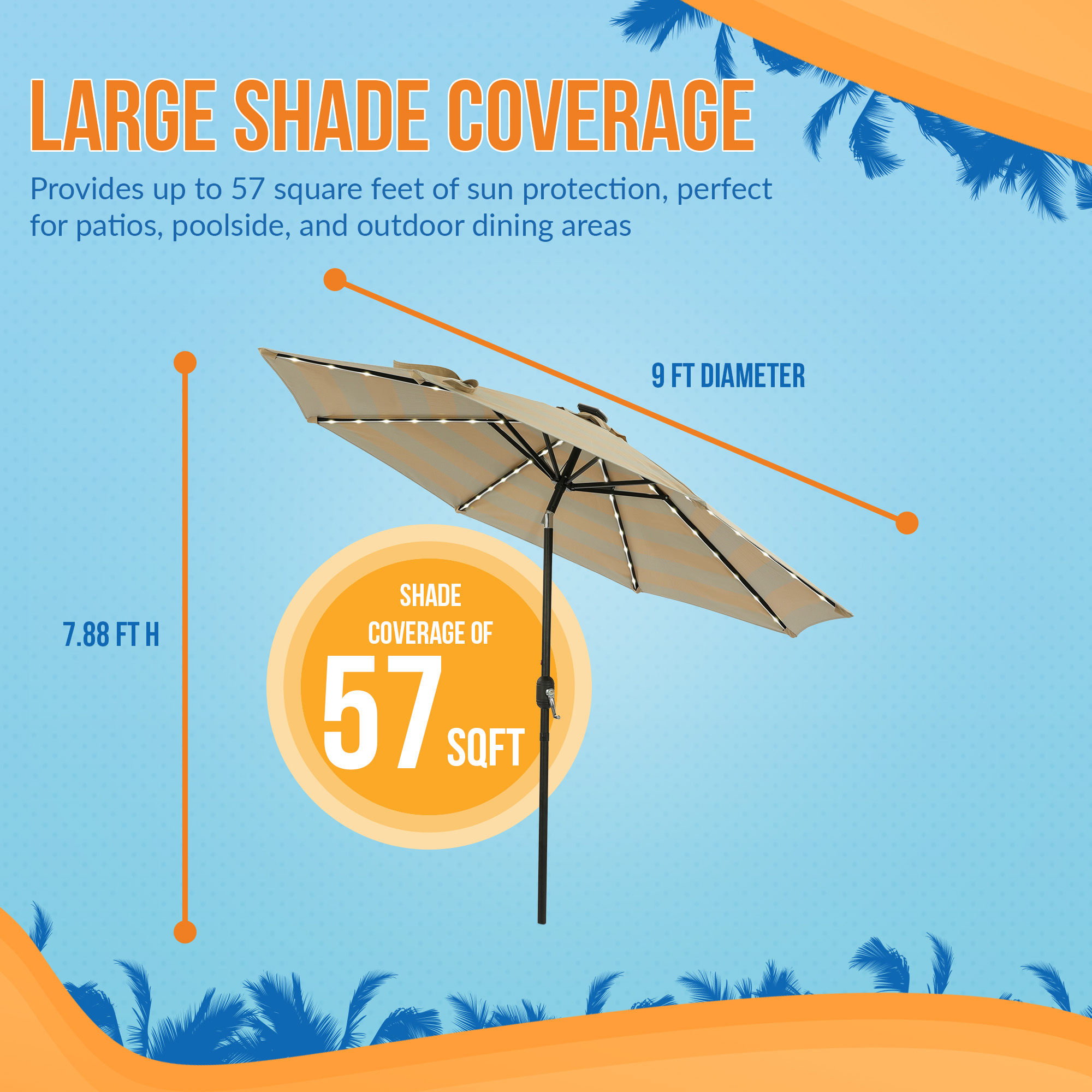 Mirage Fiesta 9-ft Octagon Market Umbrella with Solar LED Tube Lights - Champagne and Taupe | NU6850 image 5