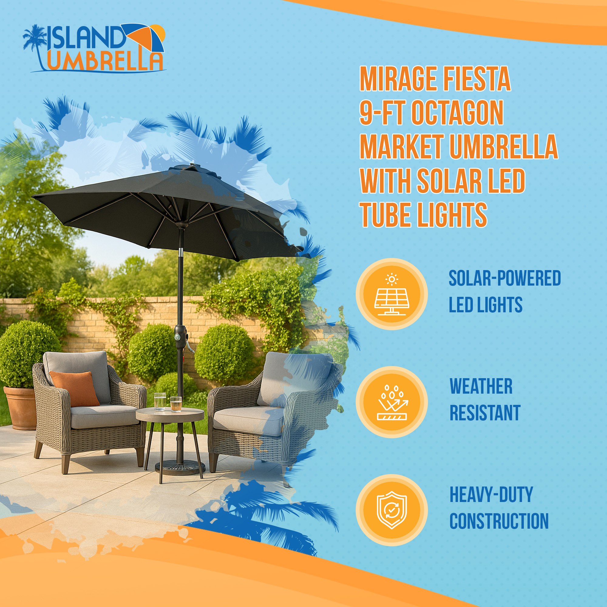 Mirage Fiesta 9-ft Octagon Market Umbrella with Solar LED Tube Lights - Black | NU6847 image 2
