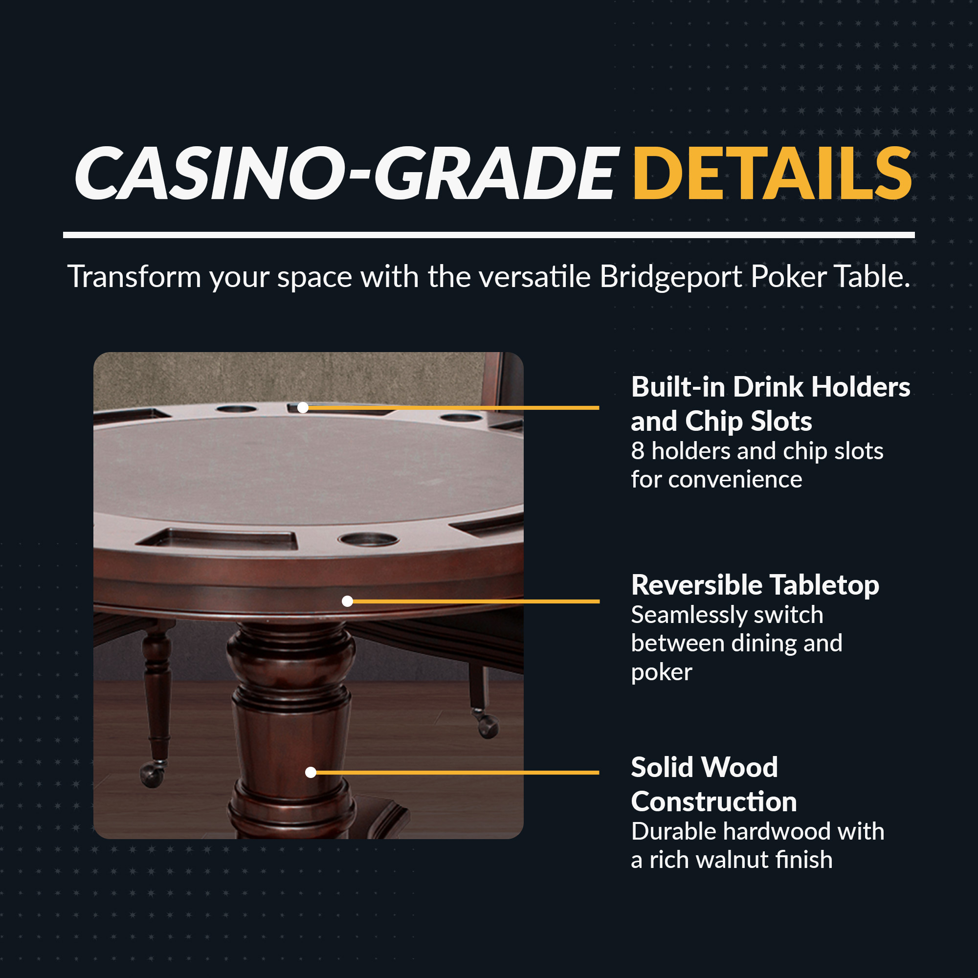Bridgeport 48-in Poker Table and Dining Top with 4 Arm Chairs - Walnut Finish | BG2348W image 4