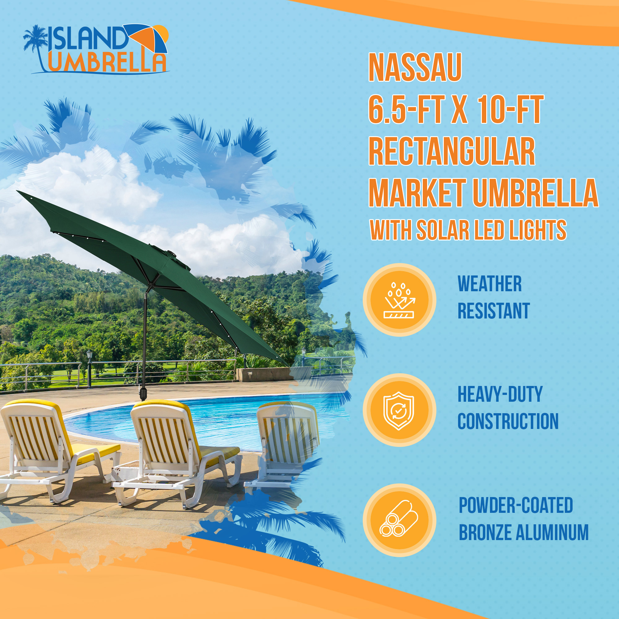 Nassau 6.5-ft x 10-ft Rectangular Market Umbrella with LED Lights - Hunter Green - Breez-Tex Canopy | NU6864 image 2