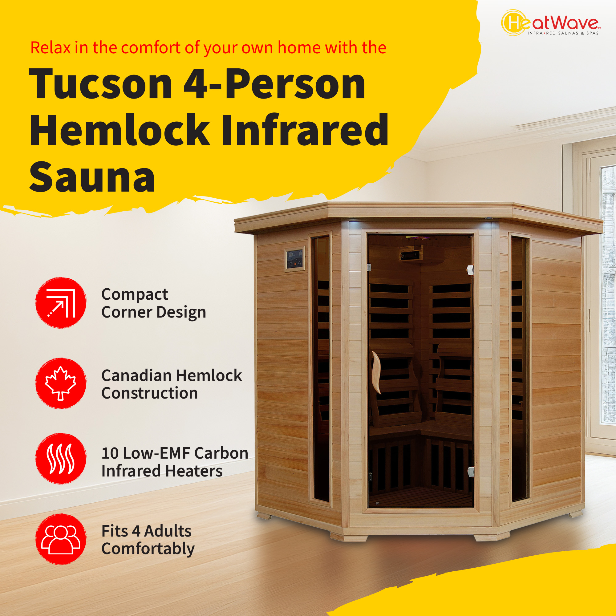 Tucson 4-Person Hemlock Corner Infrared Sauna with 10 Carbon Heaters | SA2420DX image 3