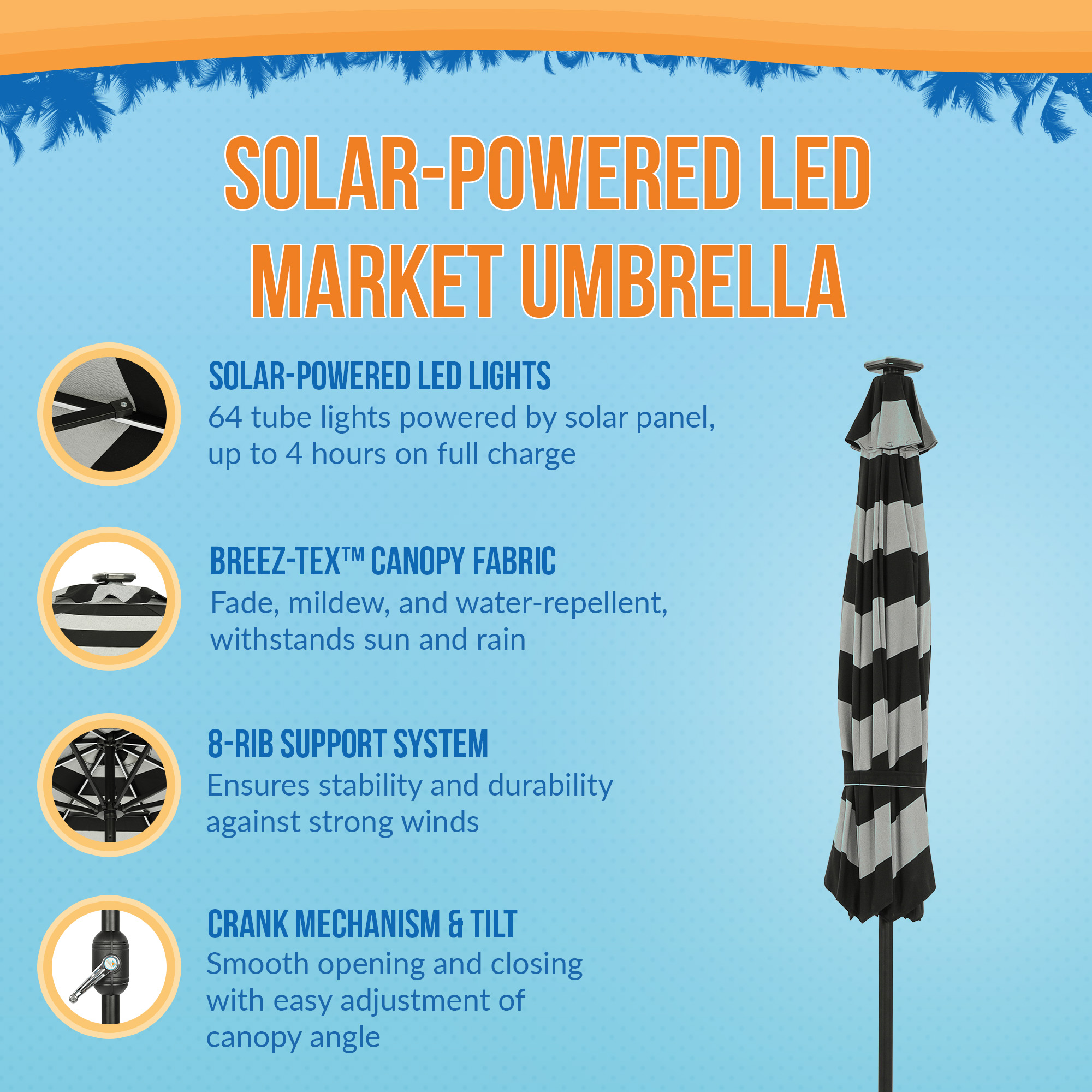 Mirage Fiesta 9-ft Octagon Market Umbrella with Solar LED Tube Lights - Black and Light Gray | NU6849 image 4