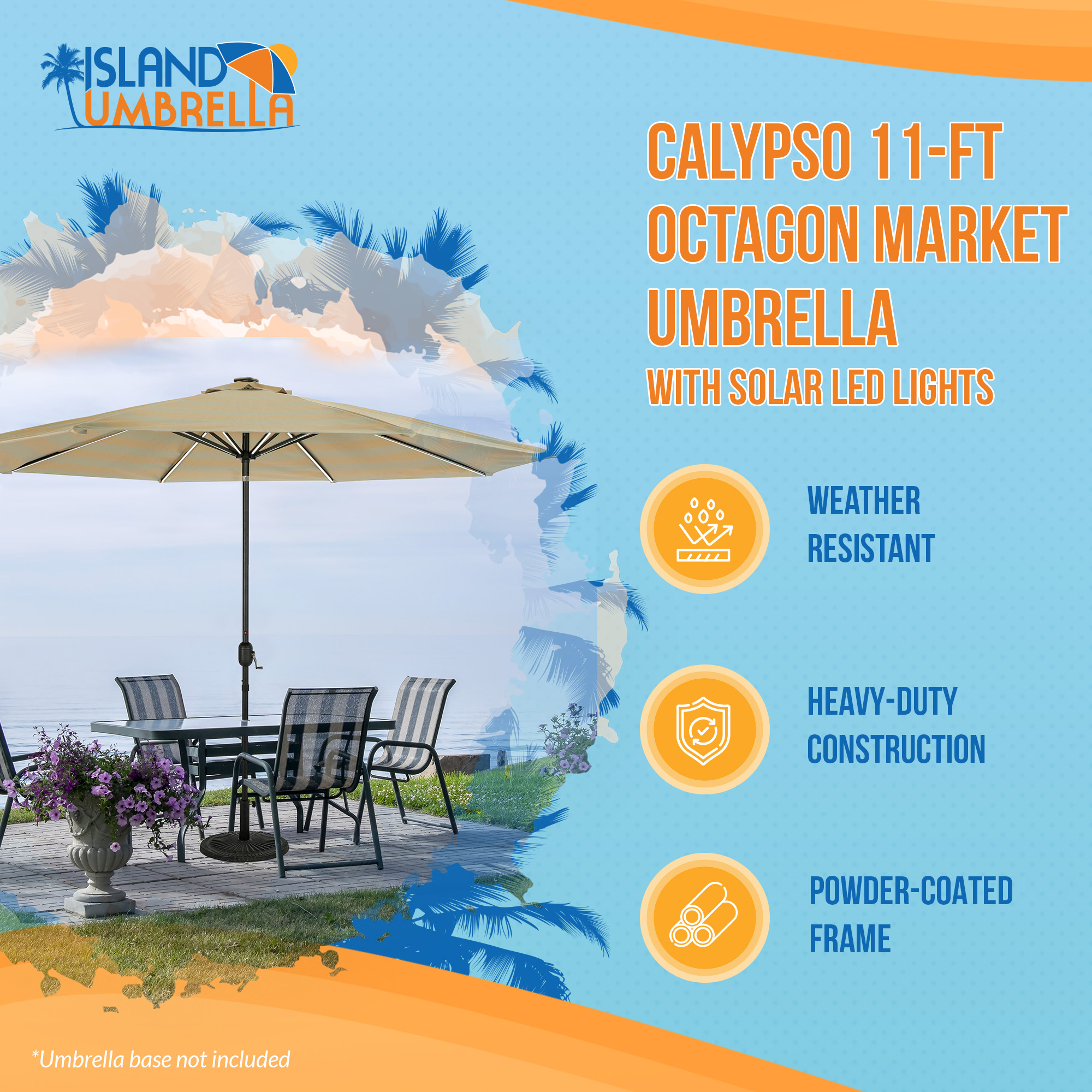 Calypso 11-ft Octagon Market Umbrella with Solar LED Lights - Champagne and Taupe Striped - Breez-Tex | NU6857 image 2