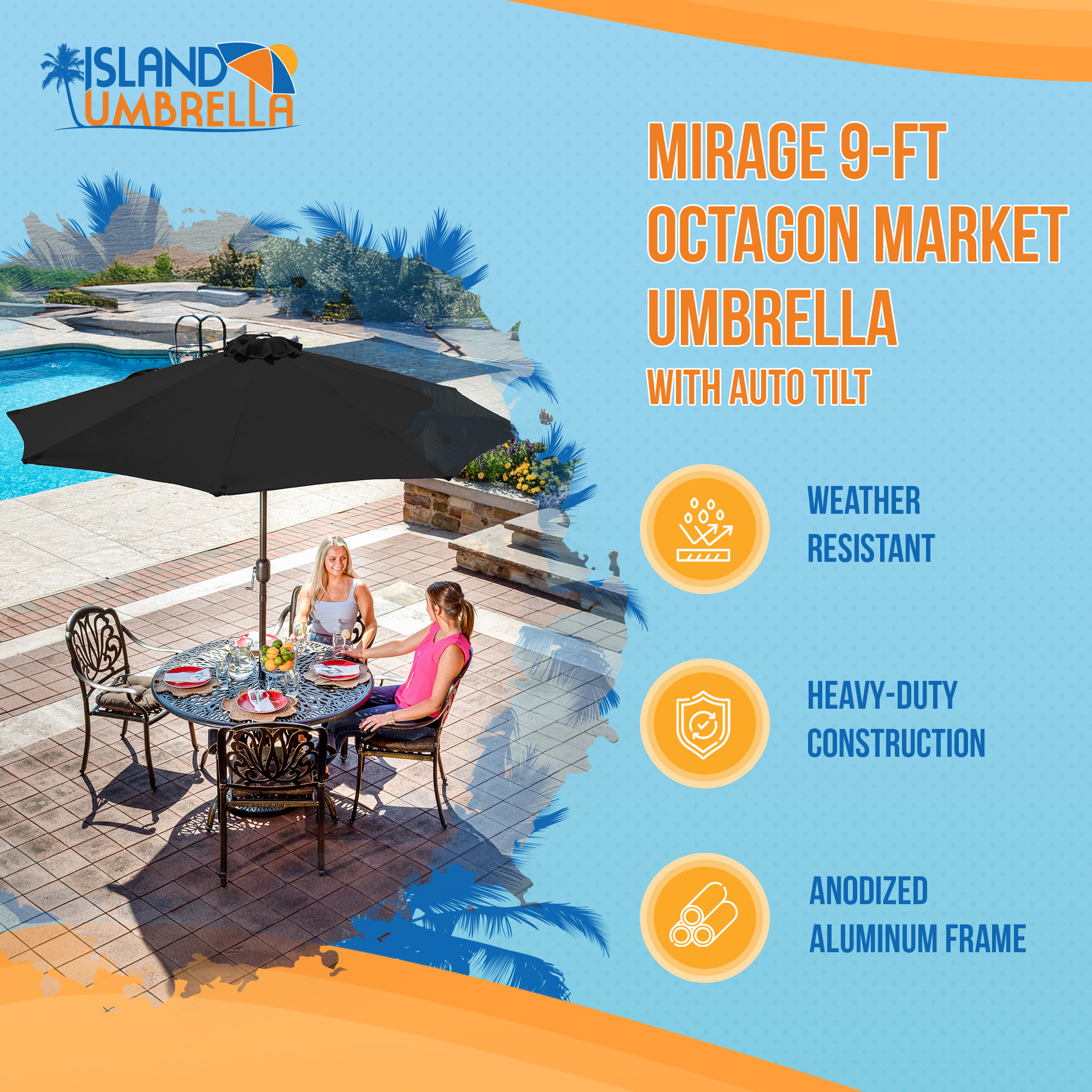Mirage 9-ft Octagon Market Umbrella with Auto-Tilt - Black - Breez-Tex Canopy | NU6843 image 3