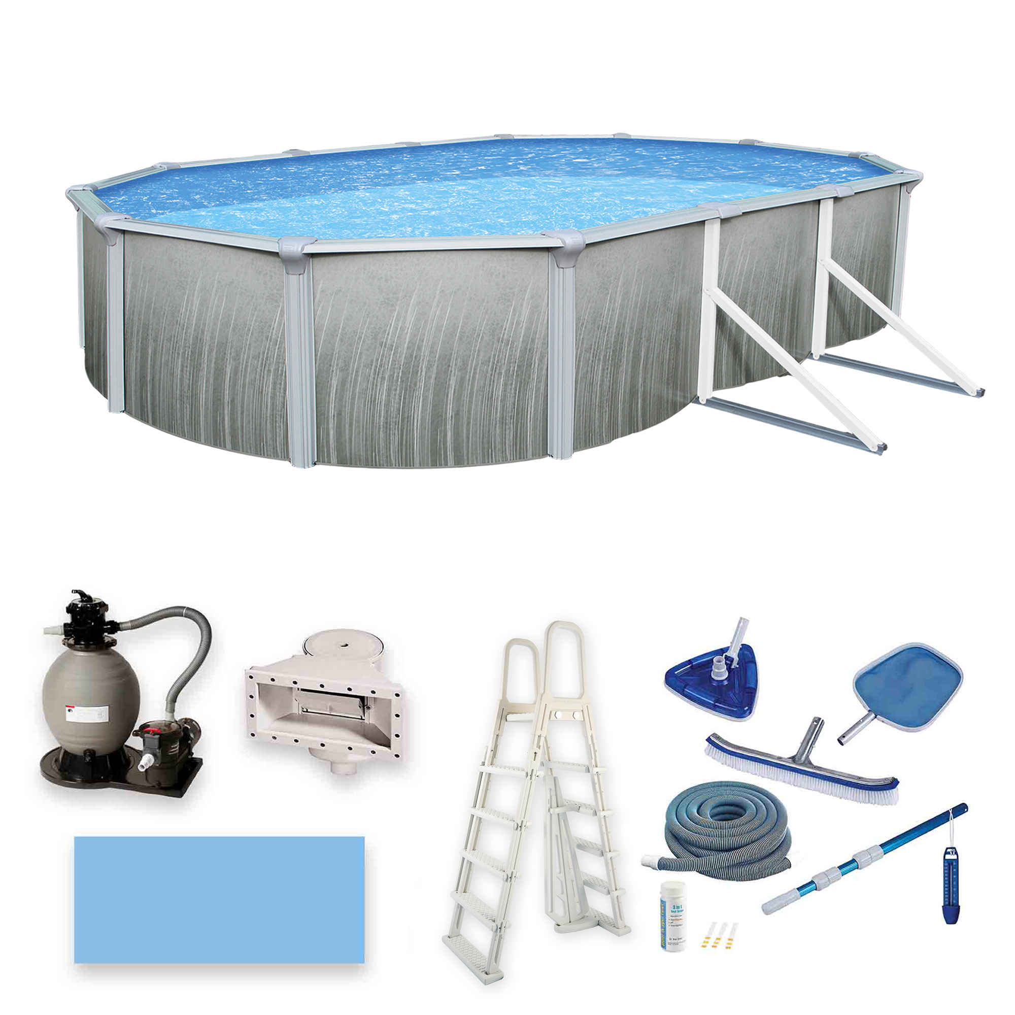 Blue Wave Martinique 15-ft x 30-ft Oval 52-in Deep Above Ground Swimming Pool – Steel Wall & Top Rails, Sand Filter, Skimmer, Liner, A-Frame Ladder image 2