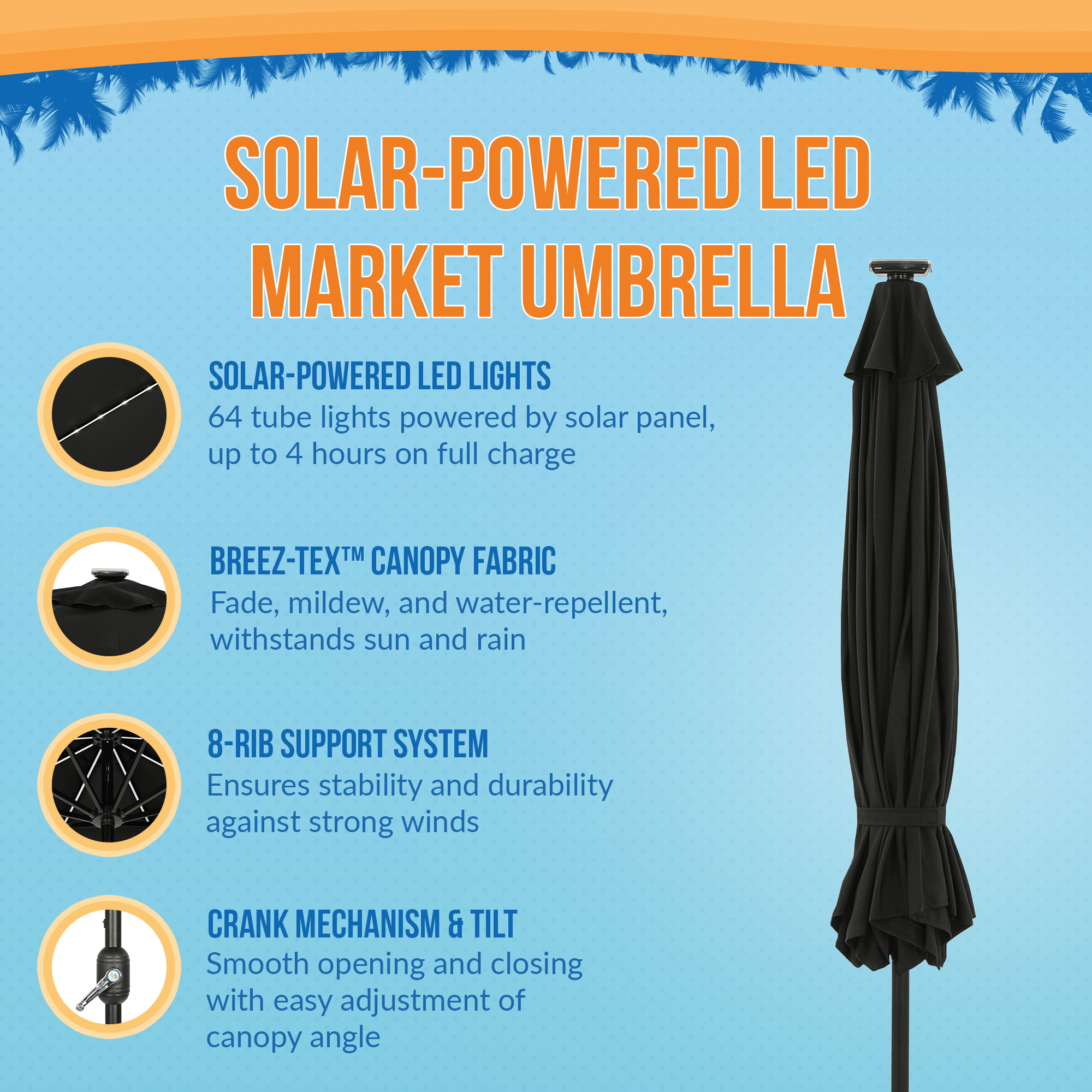 Mirage Fiesta 9-ft Octagon Market Umbrella with Solar LED Tube Lights - Black | NU6847 image 3