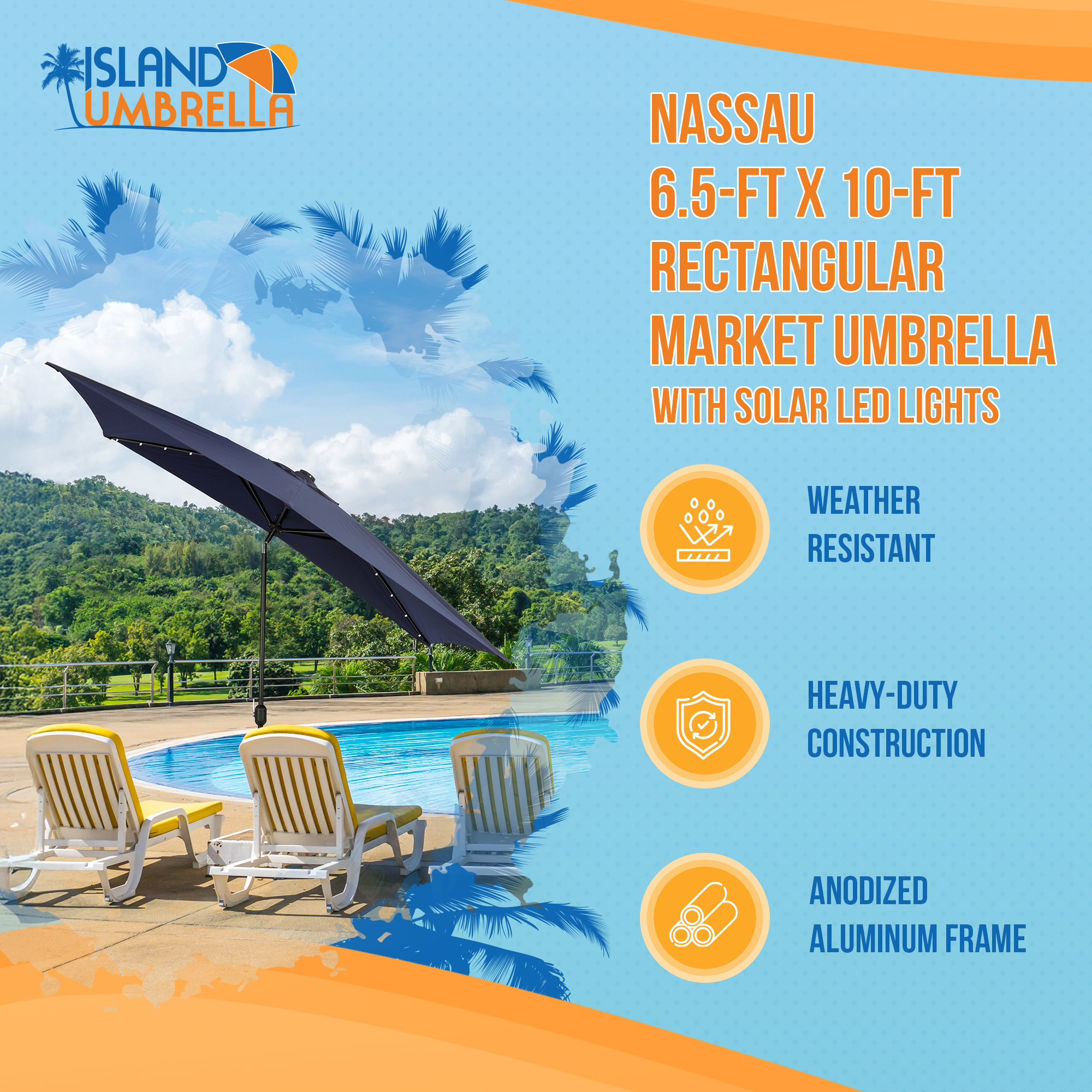 Nassau 6.5-ft x 10-ft Rectangular Market Umbrella with LED Lights - Navy Blue - Breez-Tex Canopy | NU6865 image 3