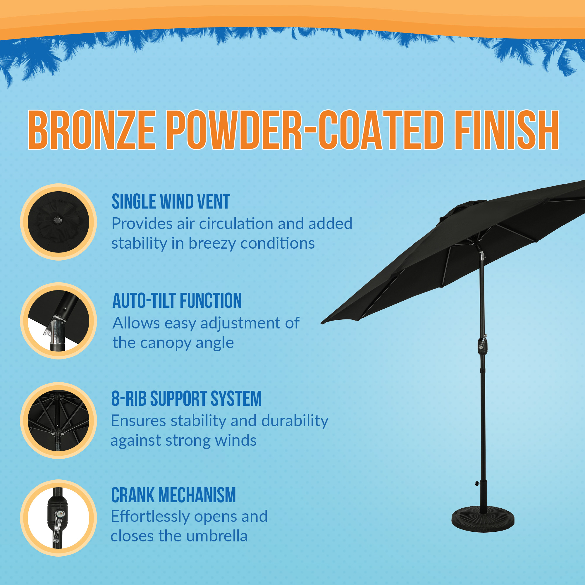 Mirage 9-ft Octagon Market Umbrella with Auto-Tilt - Black - Breez-Tex Canopy | NU6843 image 4