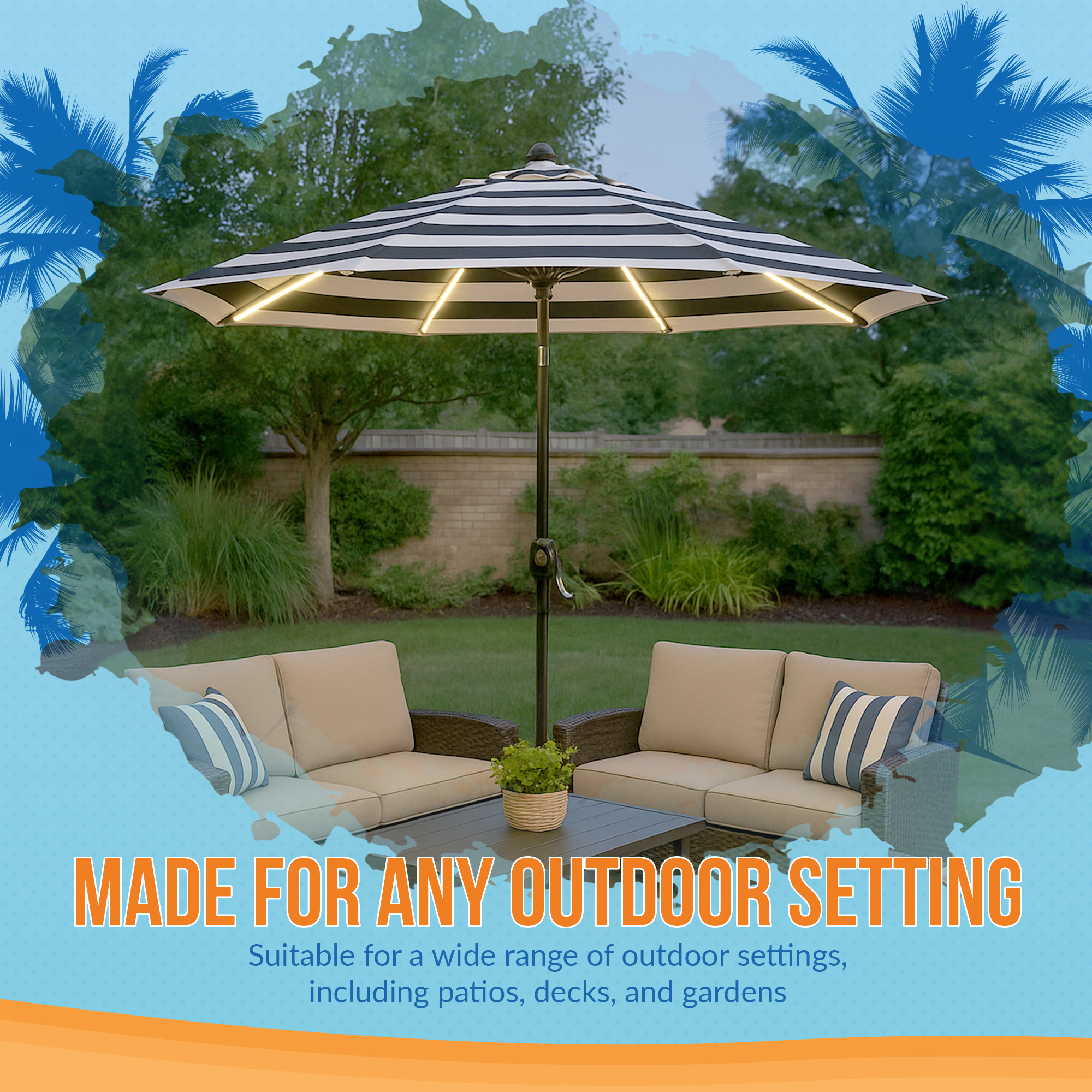 Mirage Fiesta 9-ft Octagon Market Umbrella with Solar LED Tube Lights - Black and Light Gray | NU6849 image 8