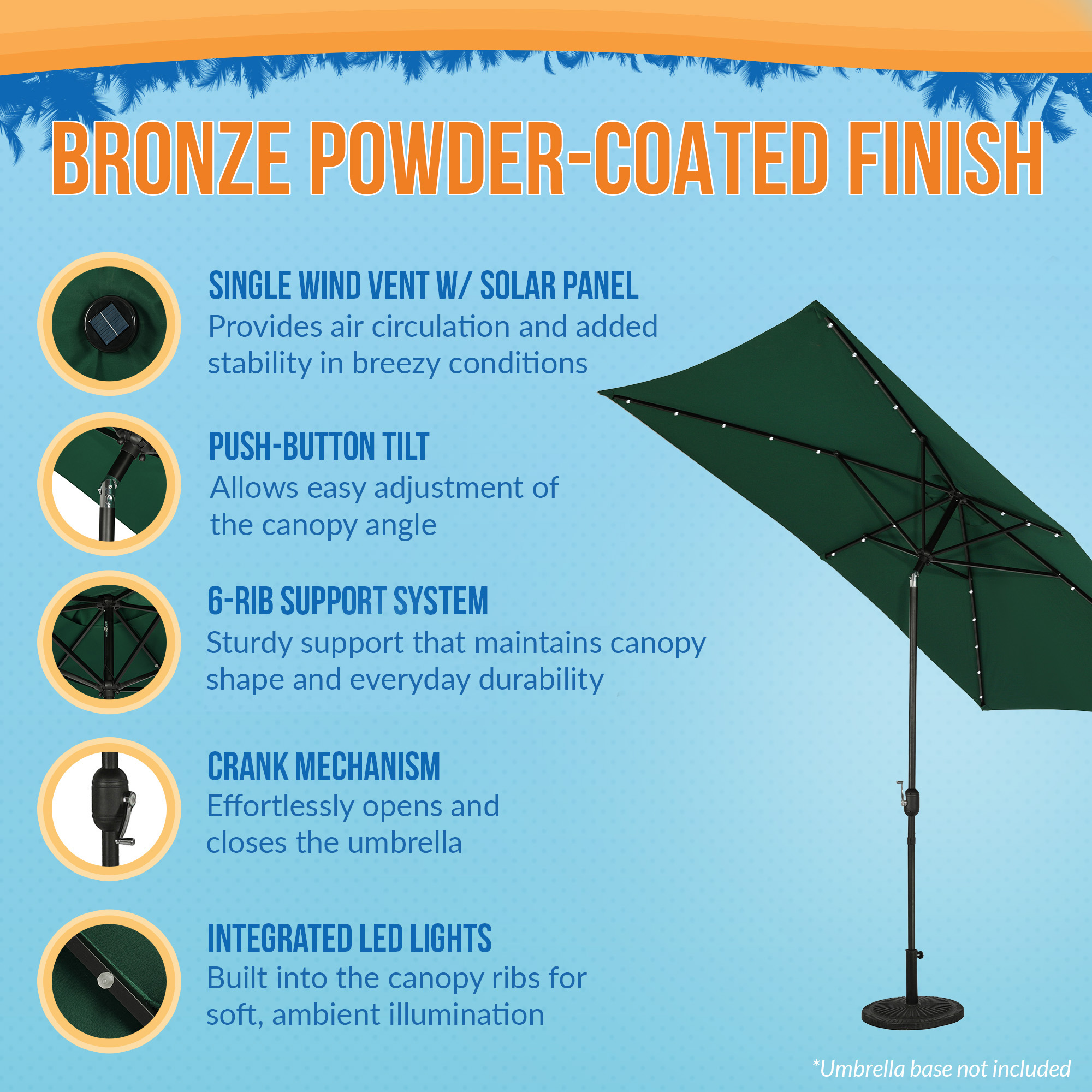 Nassau 6.5-ft x 10-ft Rectangular Market Umbrella with LED Lights - Hunter Green - Breez-Tex Canopy | NU6864 image 3