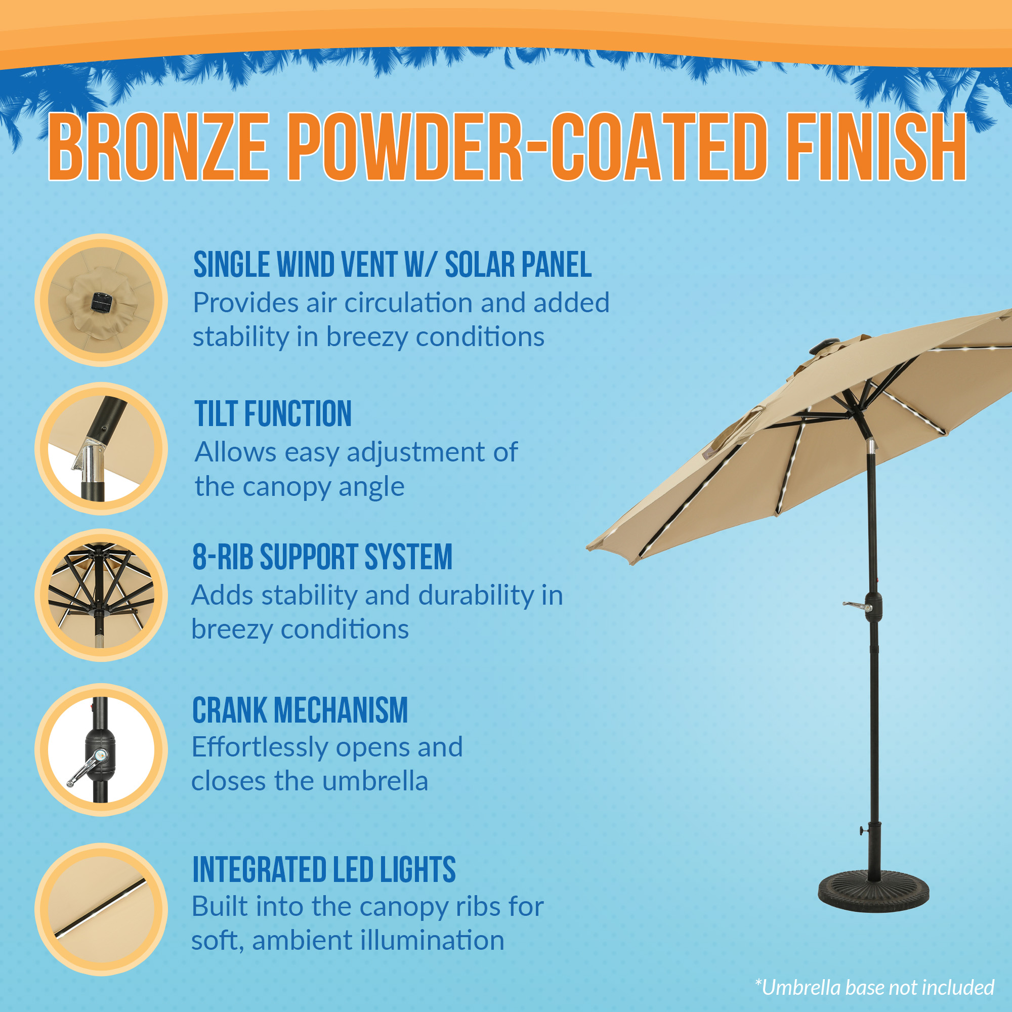 Mirage Fiesta 9-ft Octagon Market Umbrella with Solar LED Tube Lights - Champagne | NU6848 image 4