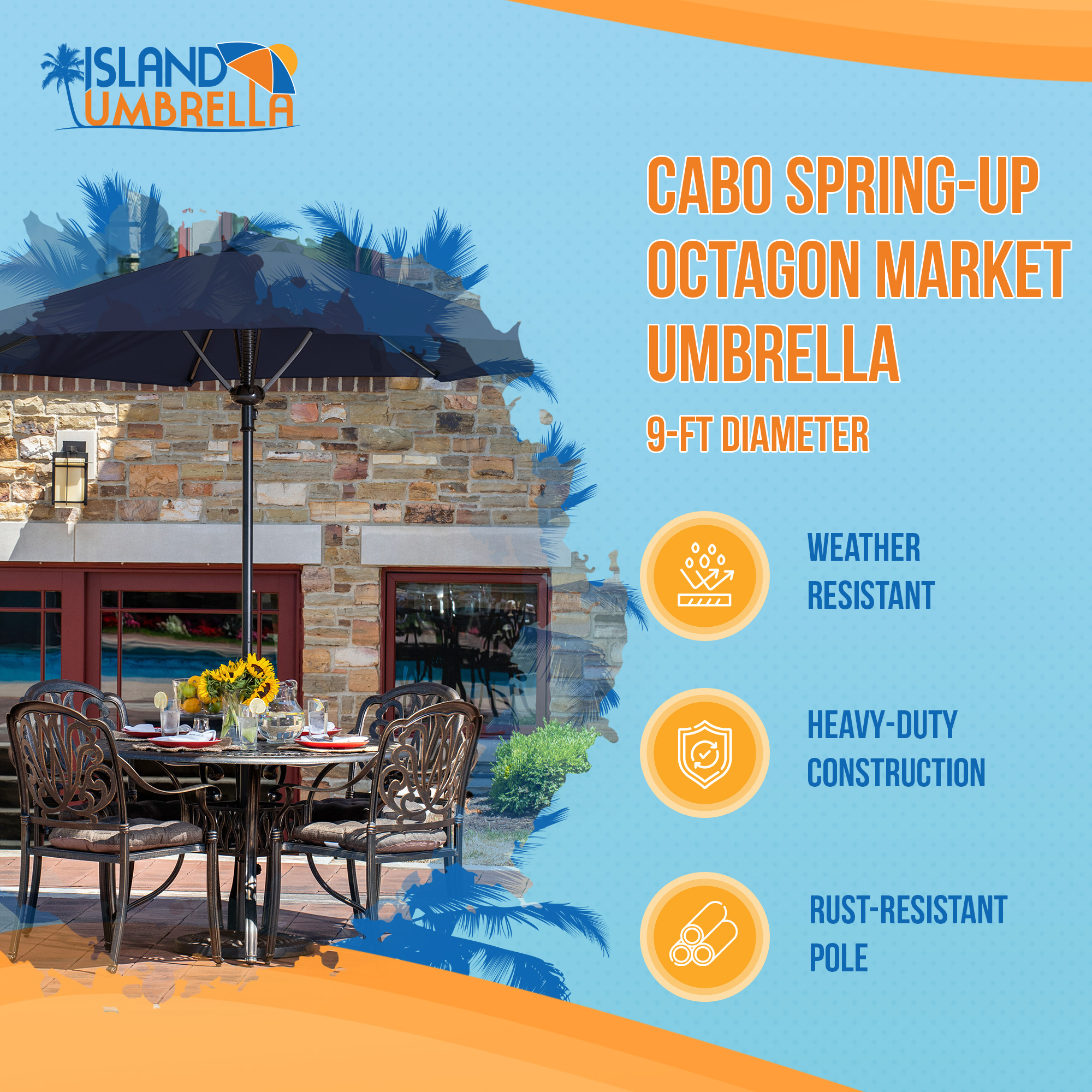 Cabo 9-ft Spring-Up Octagon Market Umbrella - Navy Blue - Breez-Tex Canopy | NU6841 image 3
