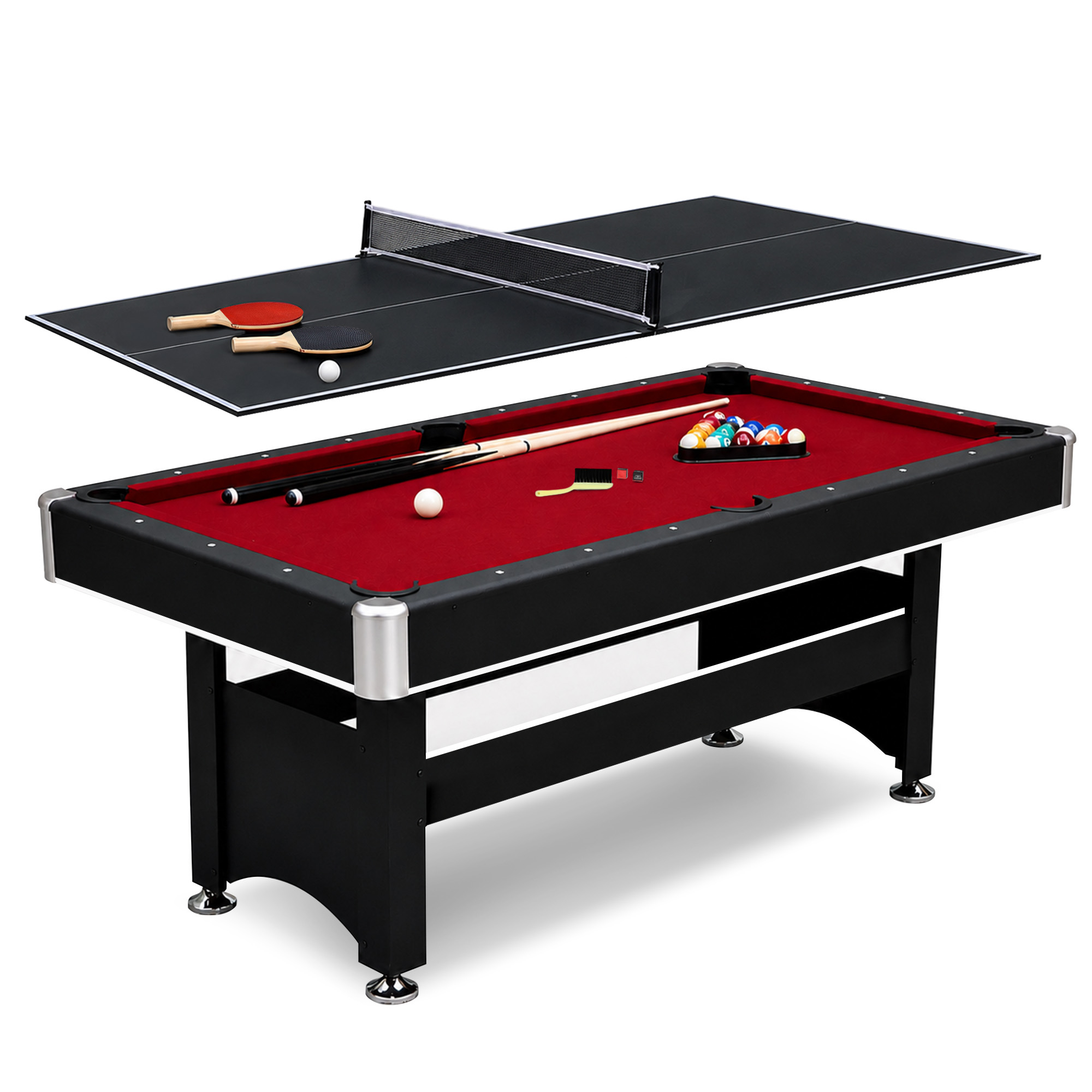 Spartan 6-ft Pool Table with Table Tennis Top - Black with Red Felt | BG50310 - product image