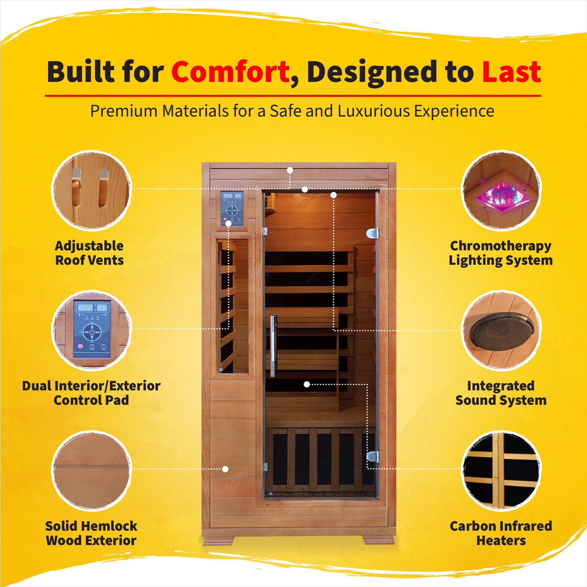 1-2 Person Hemlock Infrared Sauna with 5 Carbon Heaters | SA3202 image 4