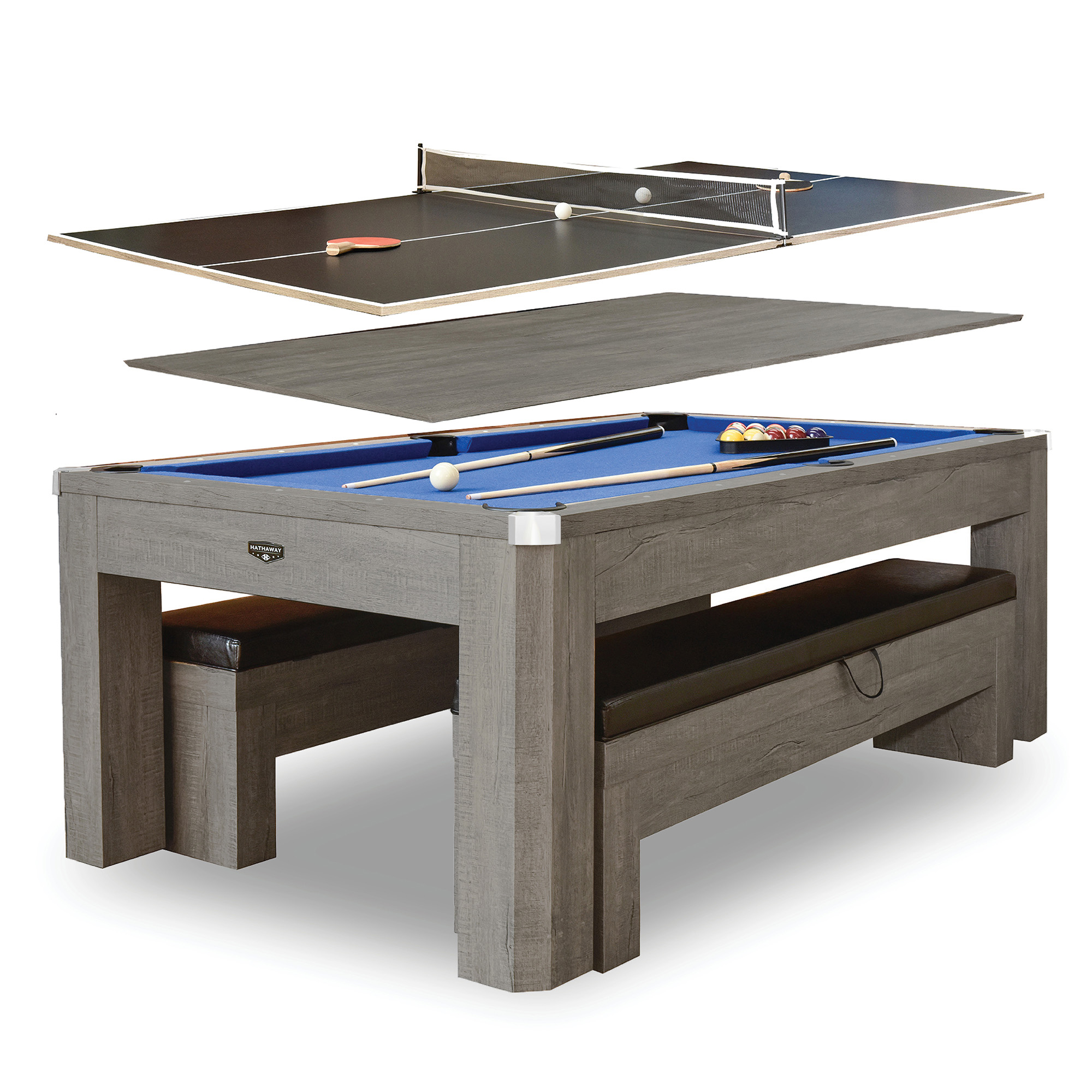 Newport 7-ft Pool Table Combo Set with Benches - Rustic Grey with Blue Felt | BG50374