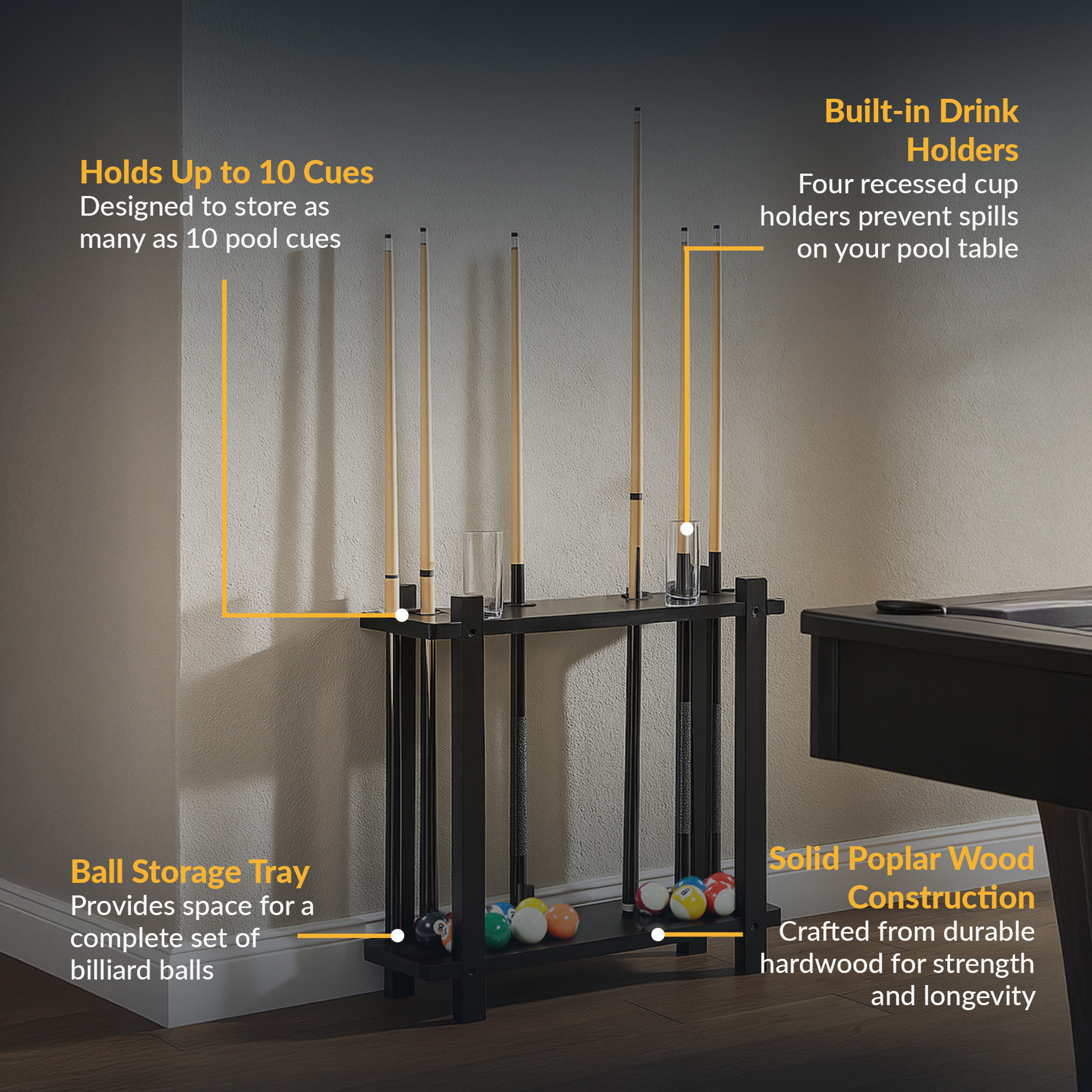 Classic 28-in Floor Billiard Cue Rack - Black Finish | BG2567-BK image 4